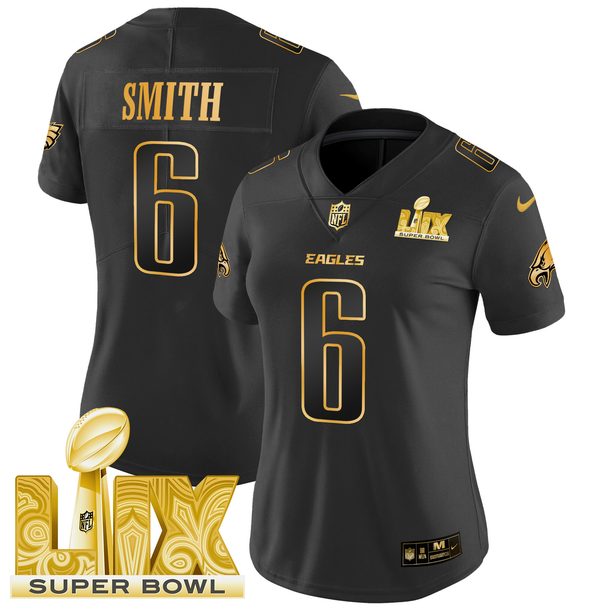 DeVonta Smith Women's Philadelphia Eagles Super Bowl LIX Patch Gold Vapor Limited Black Gold Jersey - All Stitched