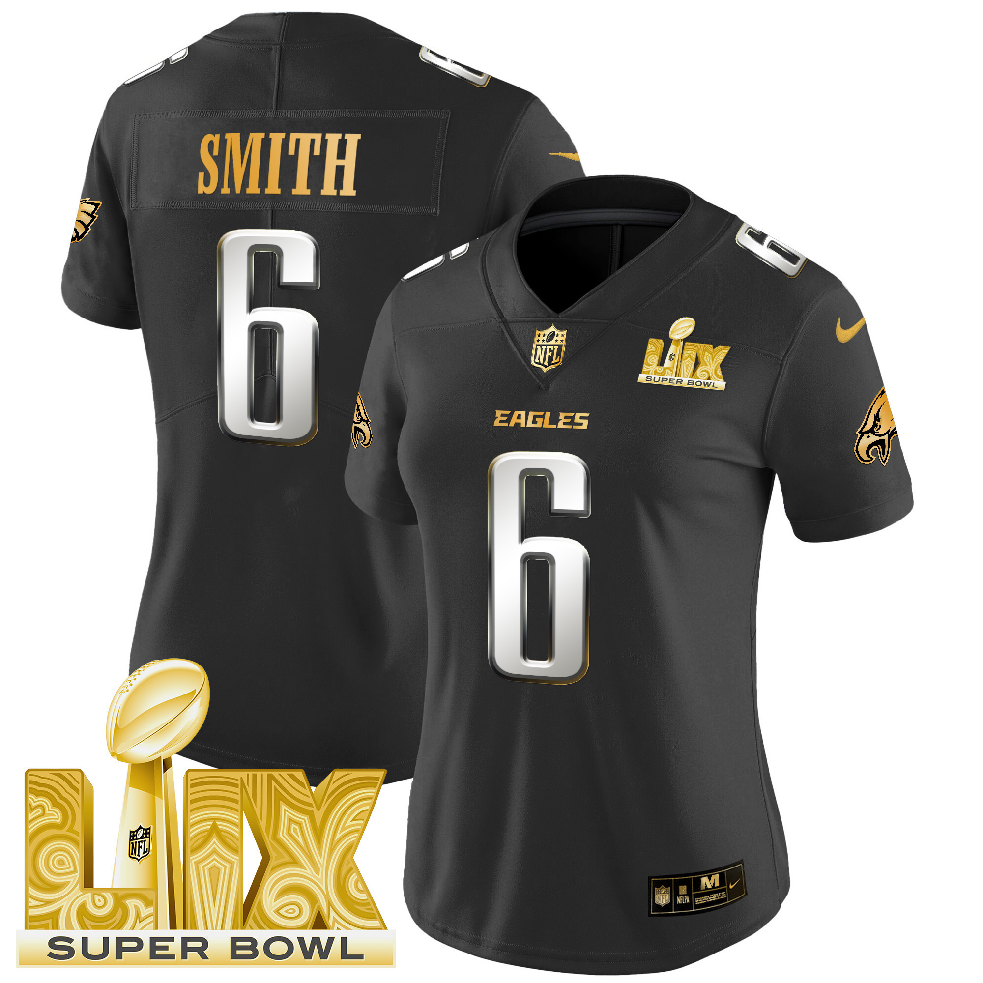 DeVonta Smith Women's Philadelphia Eagles Super Bowl LIX Patch Gold Vapor Limited Black Limited Jersey - All Stitched