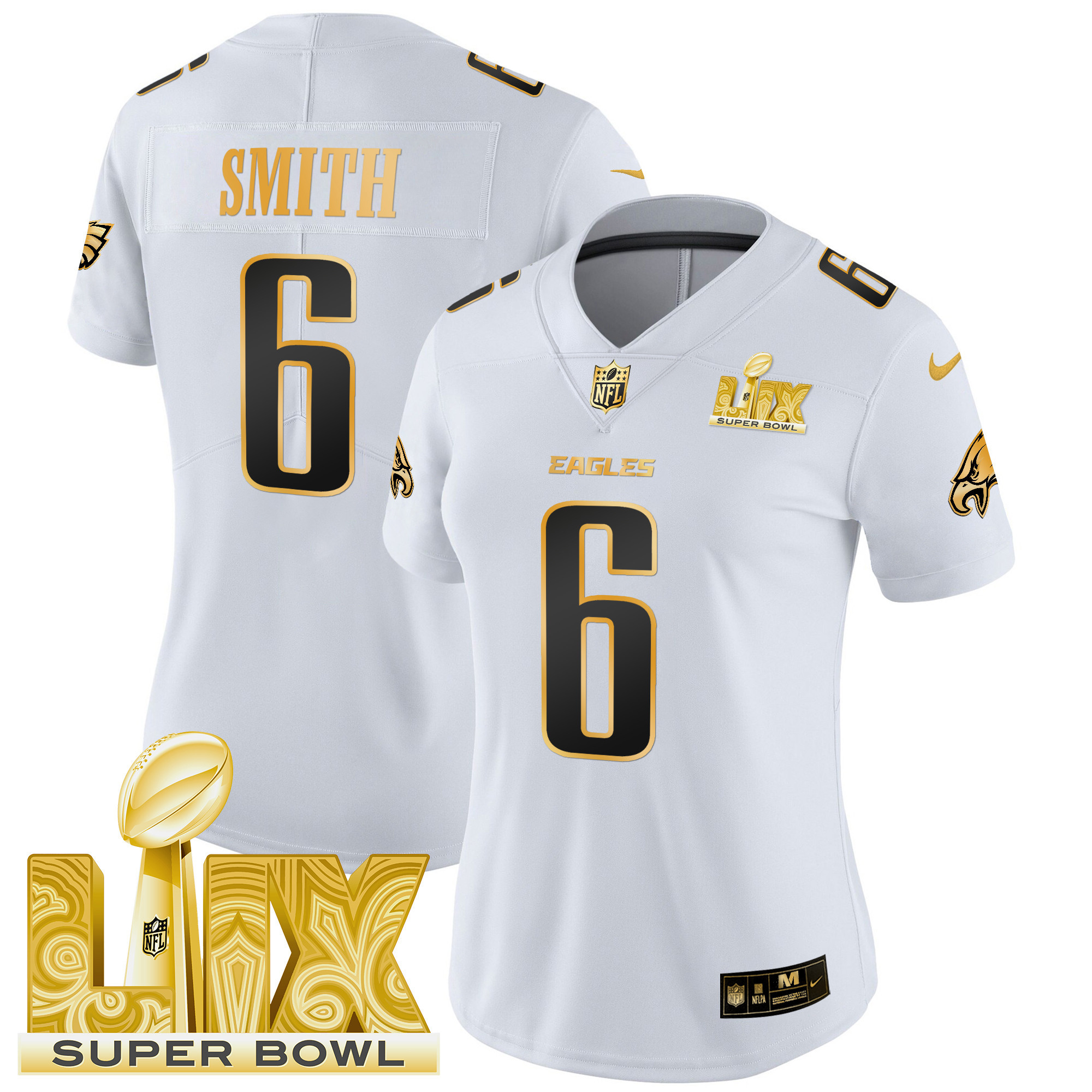 DeVonta Smith Women's Philadelphia Eagles Super Bowl LIX Patch Gold Vapor Limited White Gold Jersey - All Stitched