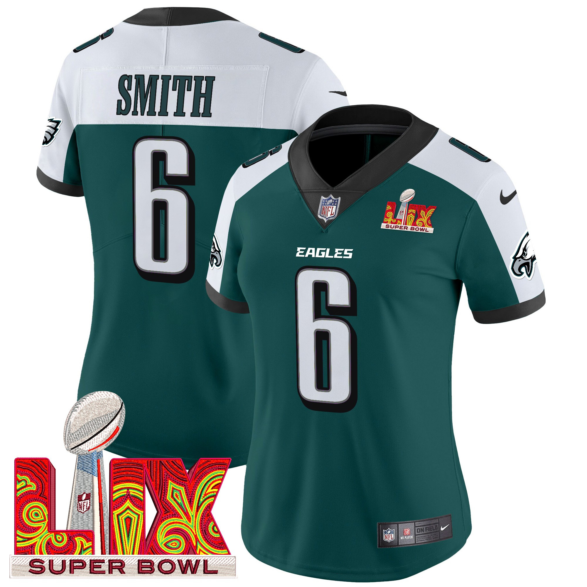 DeVonta Smith Women's Philadelphia Eagles Super Bowl LIX Patch Vapor Limited Green Alternate Jersey - All Stitched