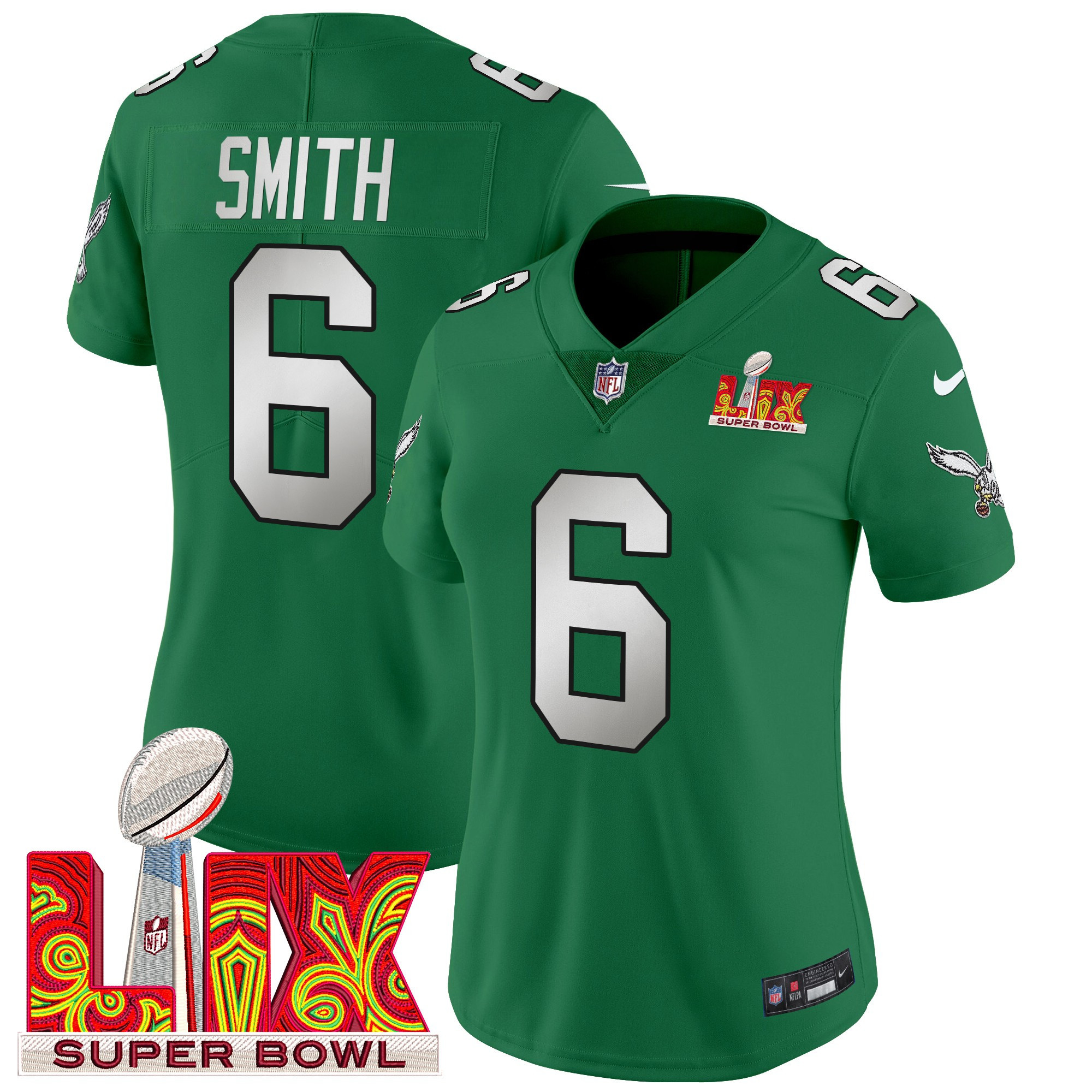 DeVonta Smith Women's Philadelphia Eagles Super Bowl LIX Patch Vapor Limited Kelly Green Jersey - All Stitched