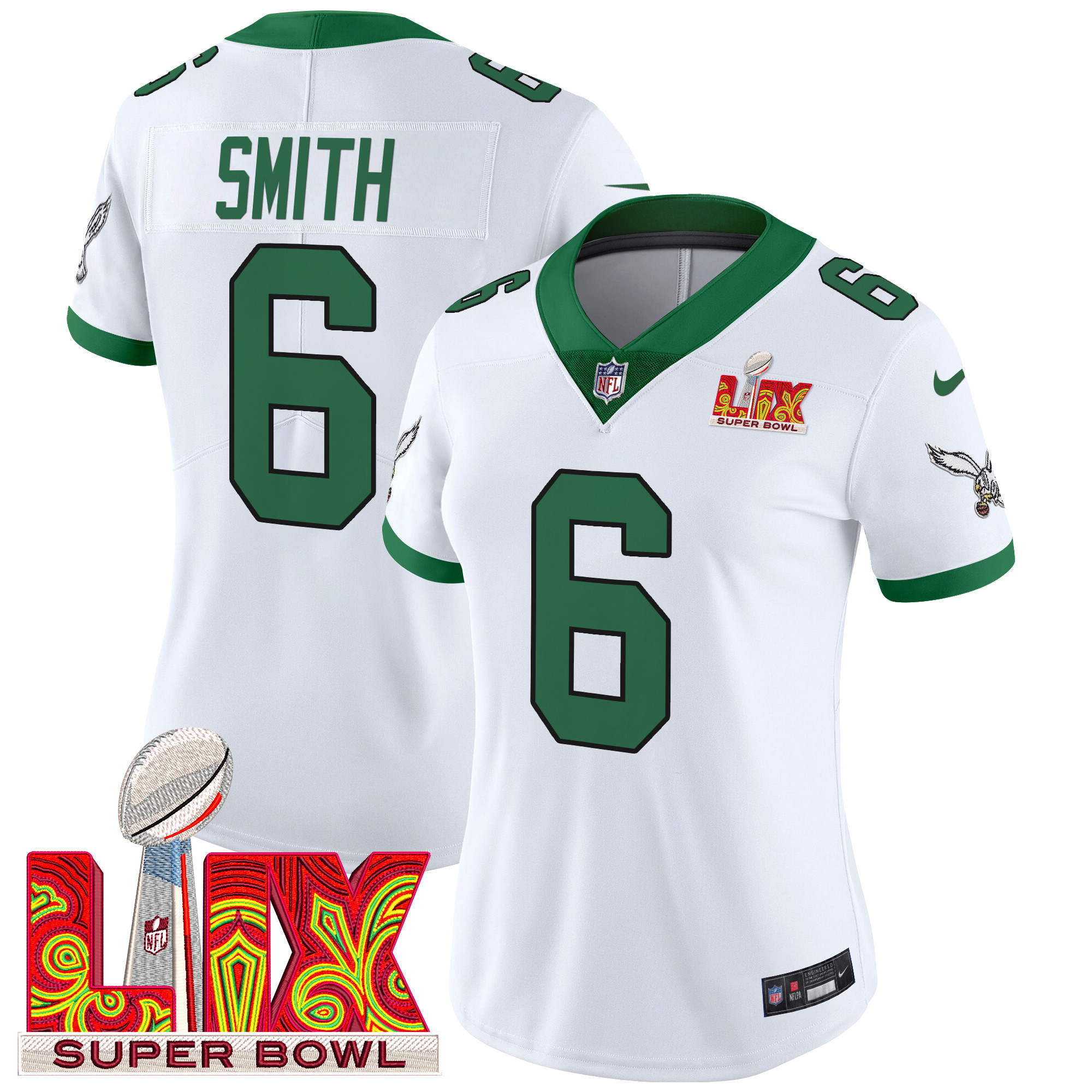 DeVonta Smith Women's Philadelphia Eagles Super Bowl LIX Patch Vapor Limited Kelly White Jersey - All Stitched