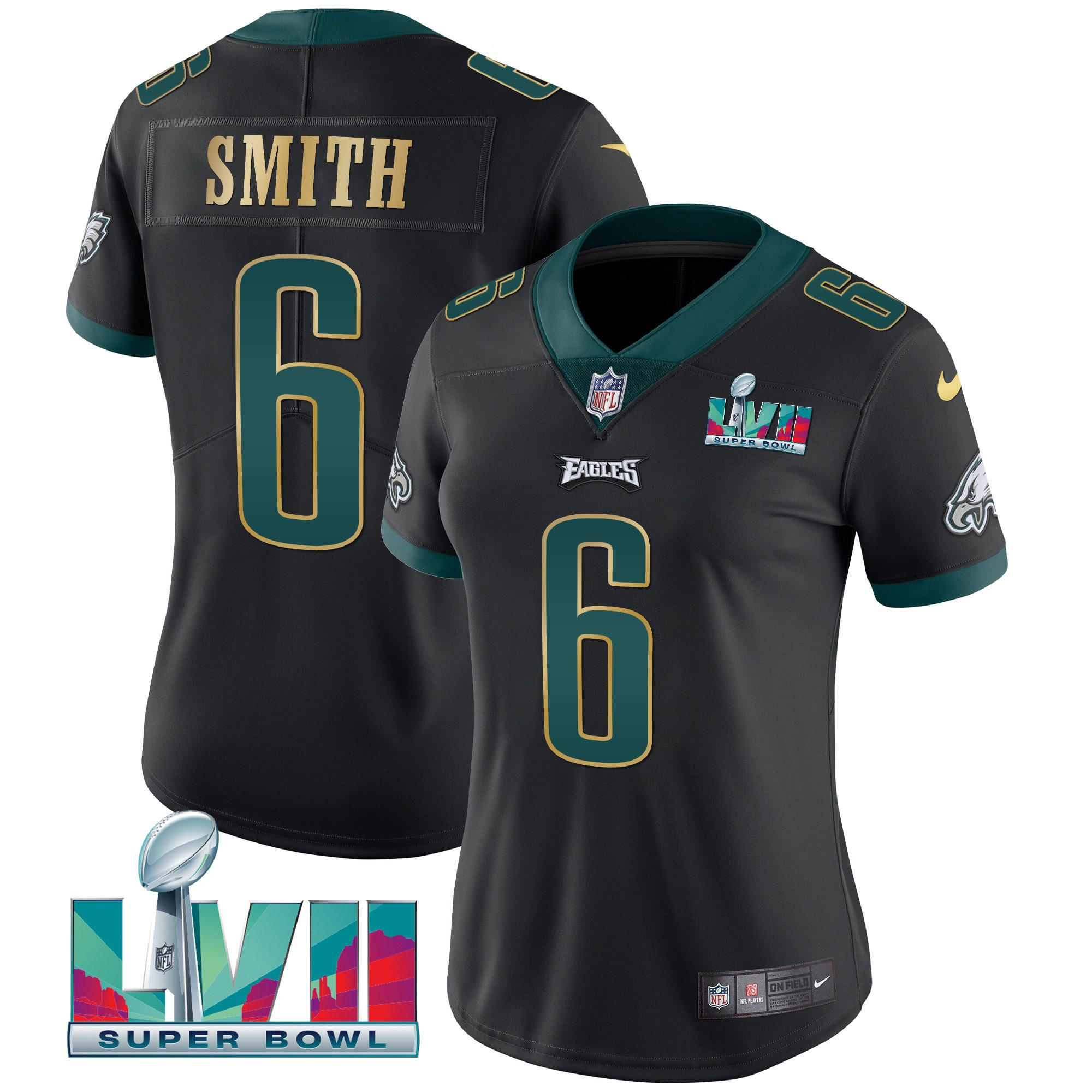 DeVonta Smith Women's Philadelphia Eagles Super Bowl LVII Gold Trim Black Gold Trim Jersey - All Stitched