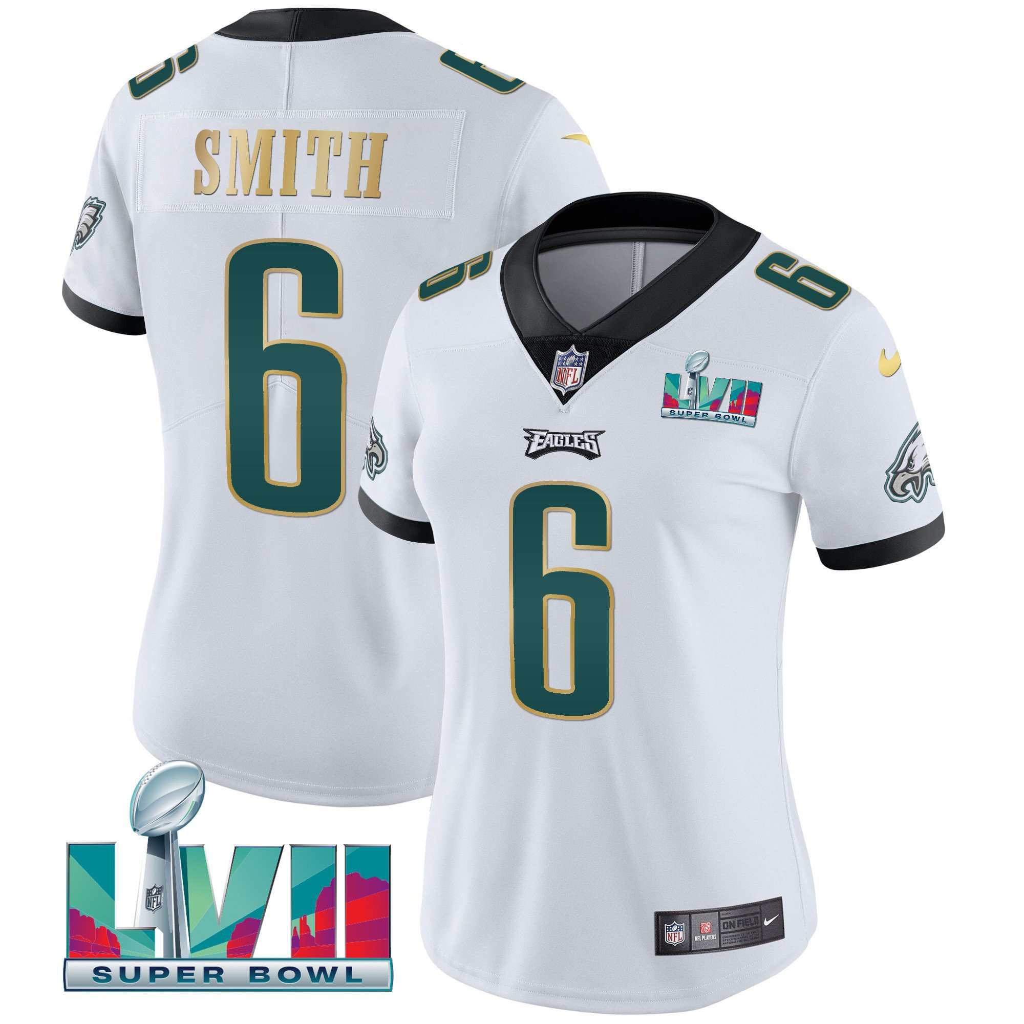 DeVonta Smith Women's Philadelphia Eagles Super Bowl LVII Gold Trim White Gold Trim Jersey - All Stitched