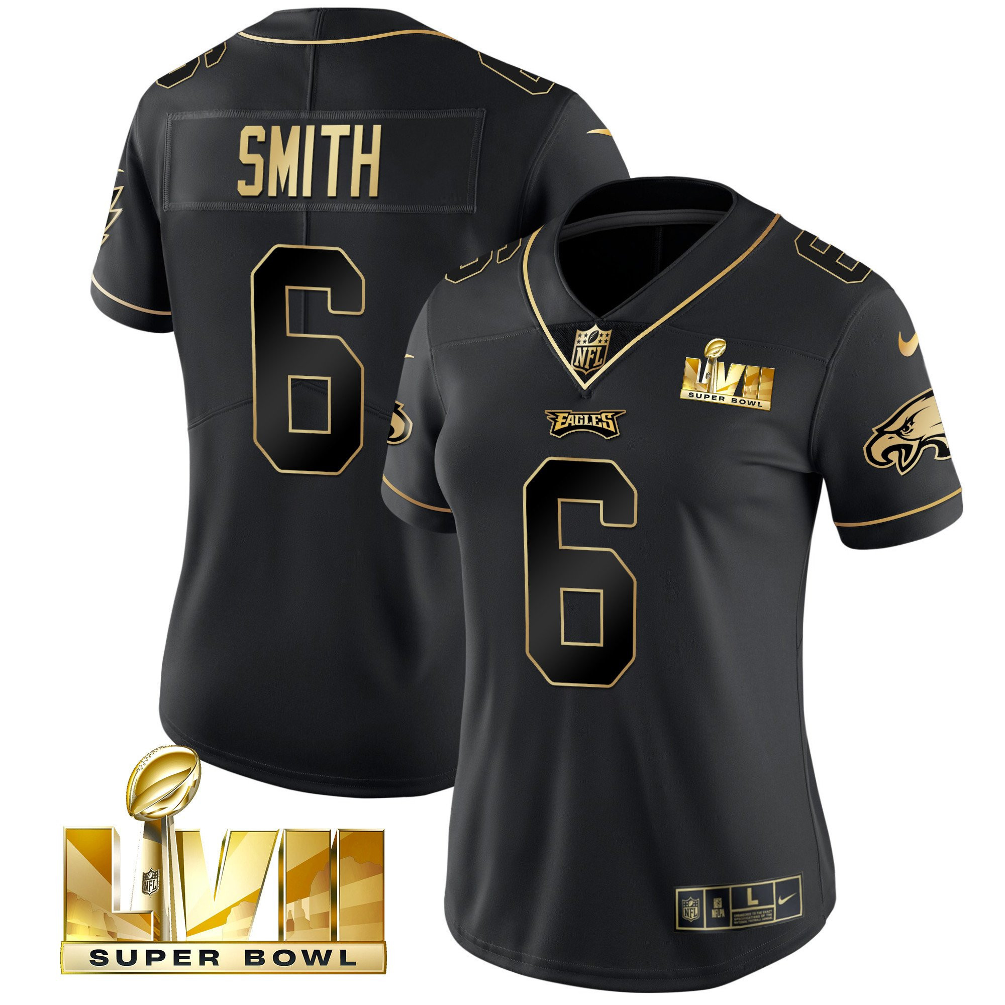 DeVonta Smith Women's Philadelphia Eagles Super Bowl LVII Gold Vapor Black Gold Jersey - All Stitched
