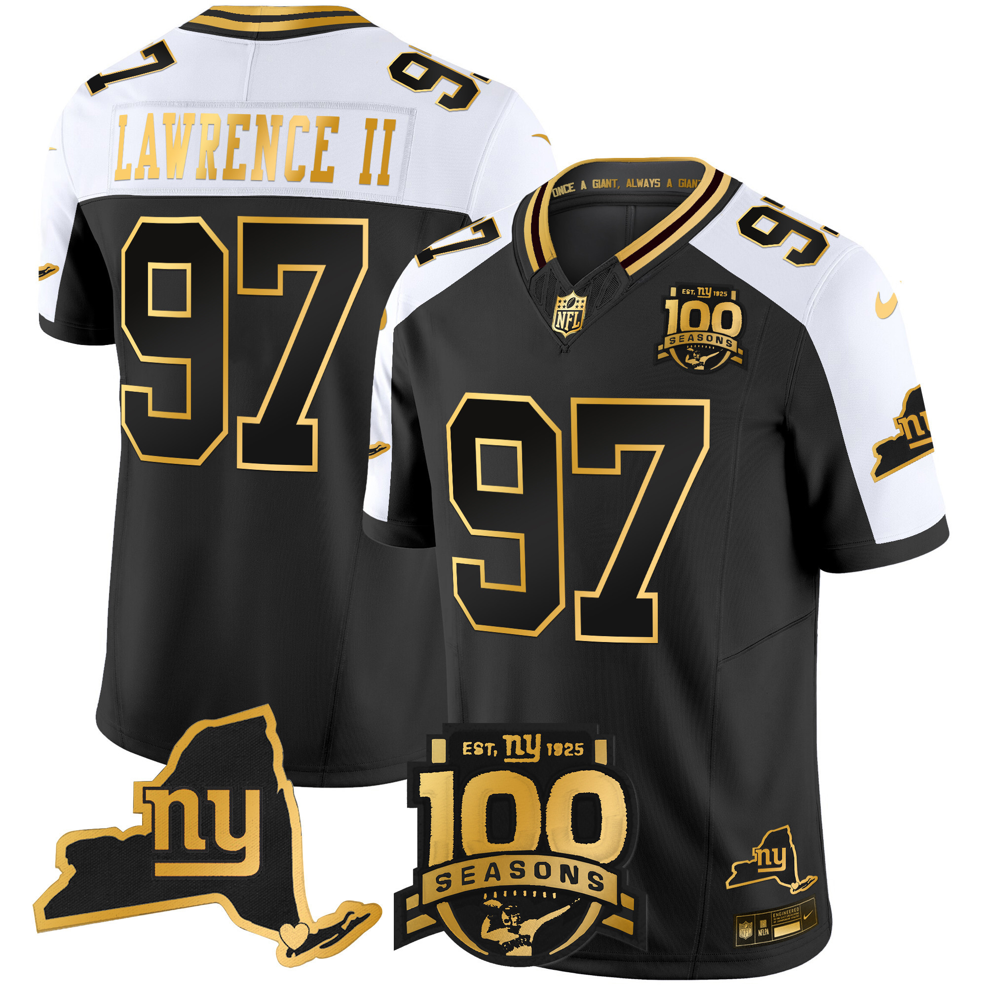 Dexter Lawrence II Men's New York Giants 100th Season & State Patch Gold Vapor Limited Alternate Jersey - All Stitched