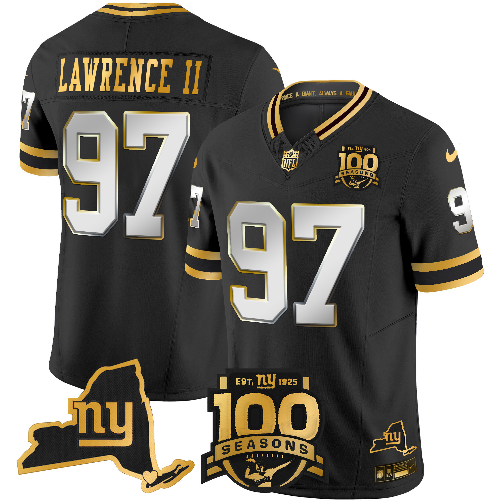 Dexter Lawrence II Men's New York Giants 100th Season & State Patch Gold Vapor Limited Black Limited Jersey - All Stitched