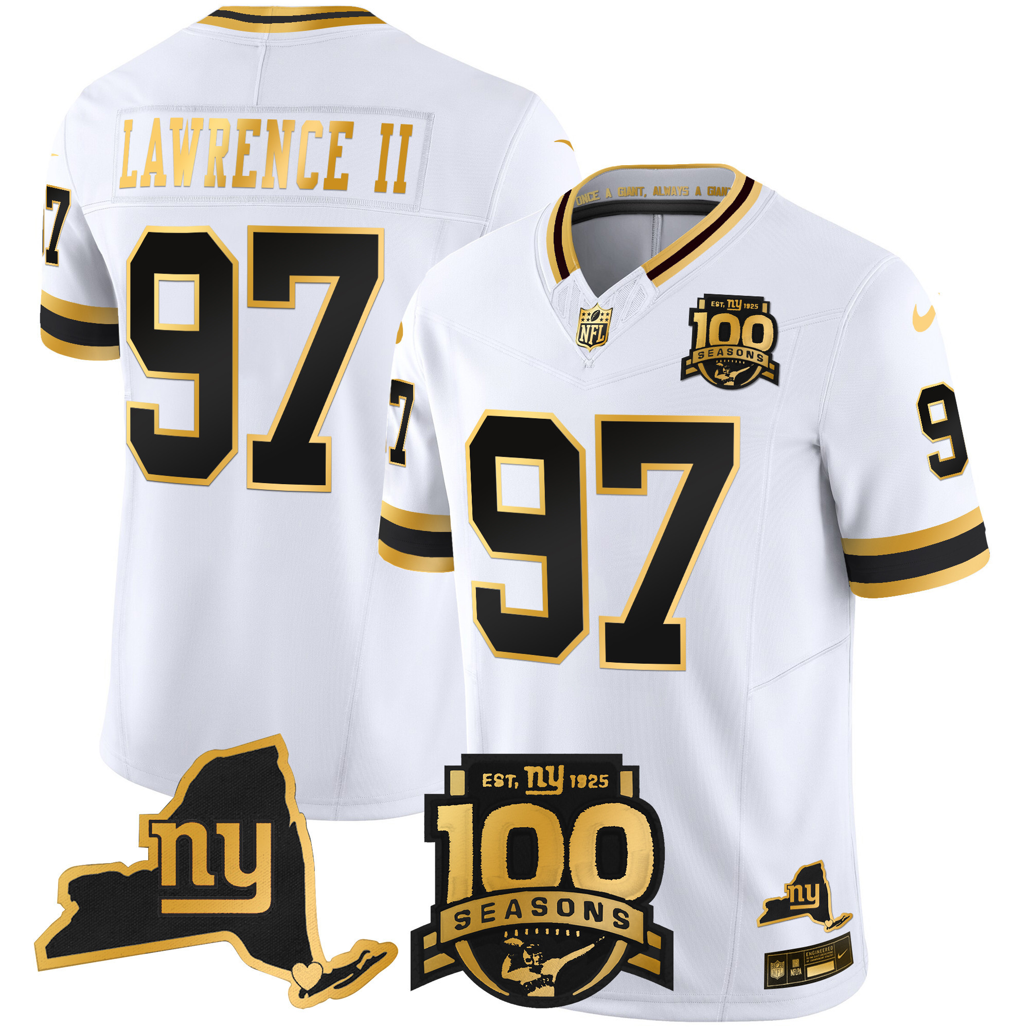 Dexter Lawrence II Men's New York Giants 100th Season & State Patch Gold Vapor Limited White Gold Jersey - All Stitched