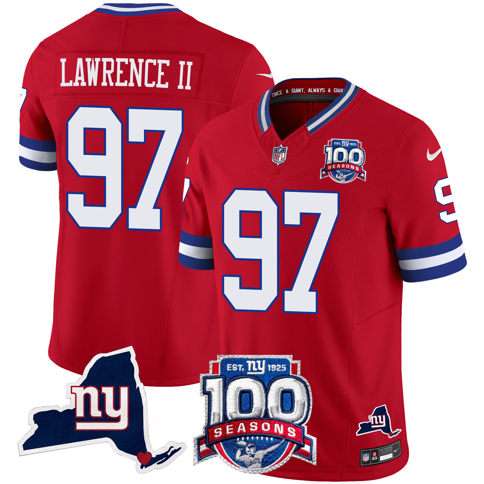 Dexter Lawrence II Men's New York Giants 100th Season & State Patch Vapor Limited Red Jersey - All Stitched
