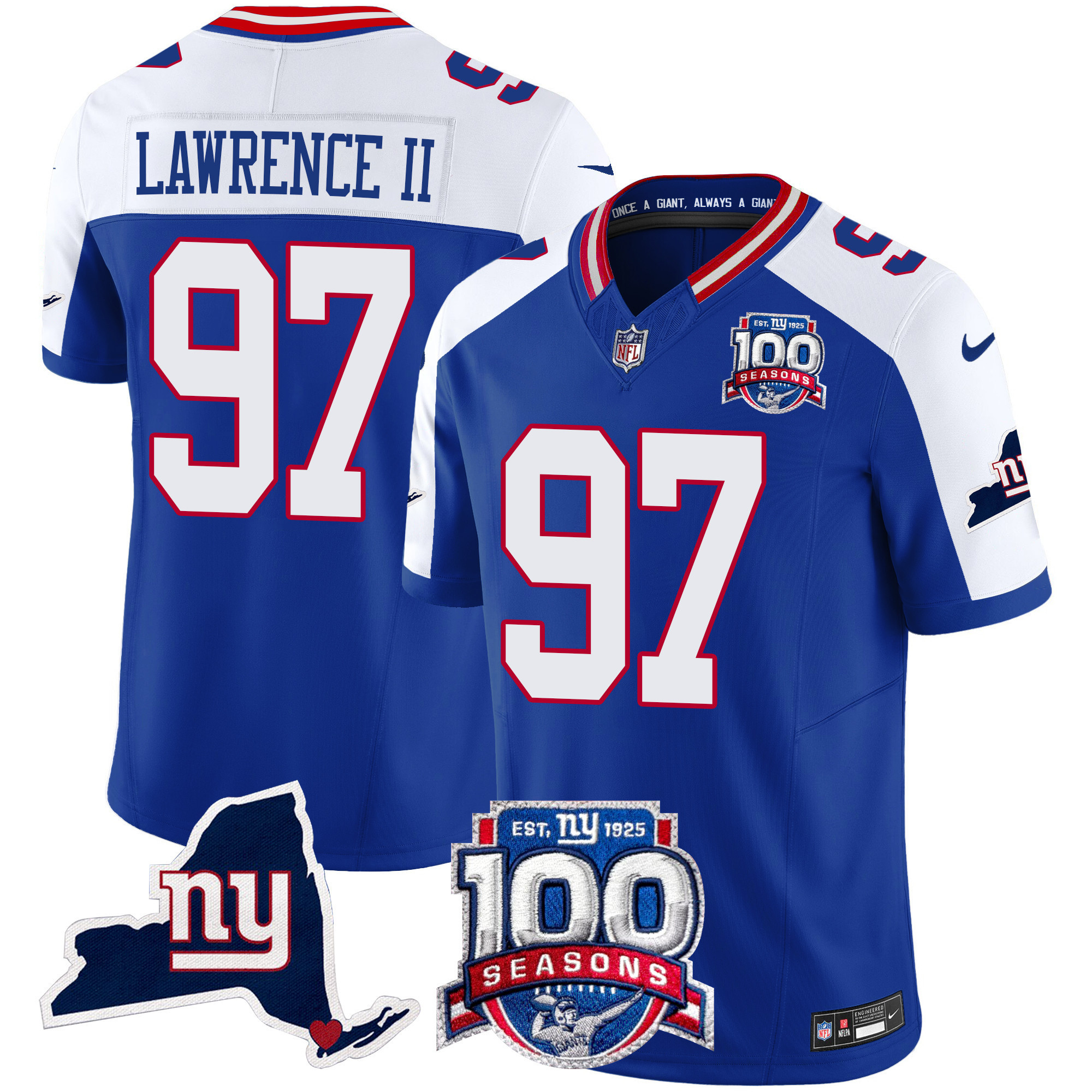 Dexter Lawrence II Men's New York Giants 100th Season & State Patch Vapor Limited Royal Alternate Jersey - All Stitched