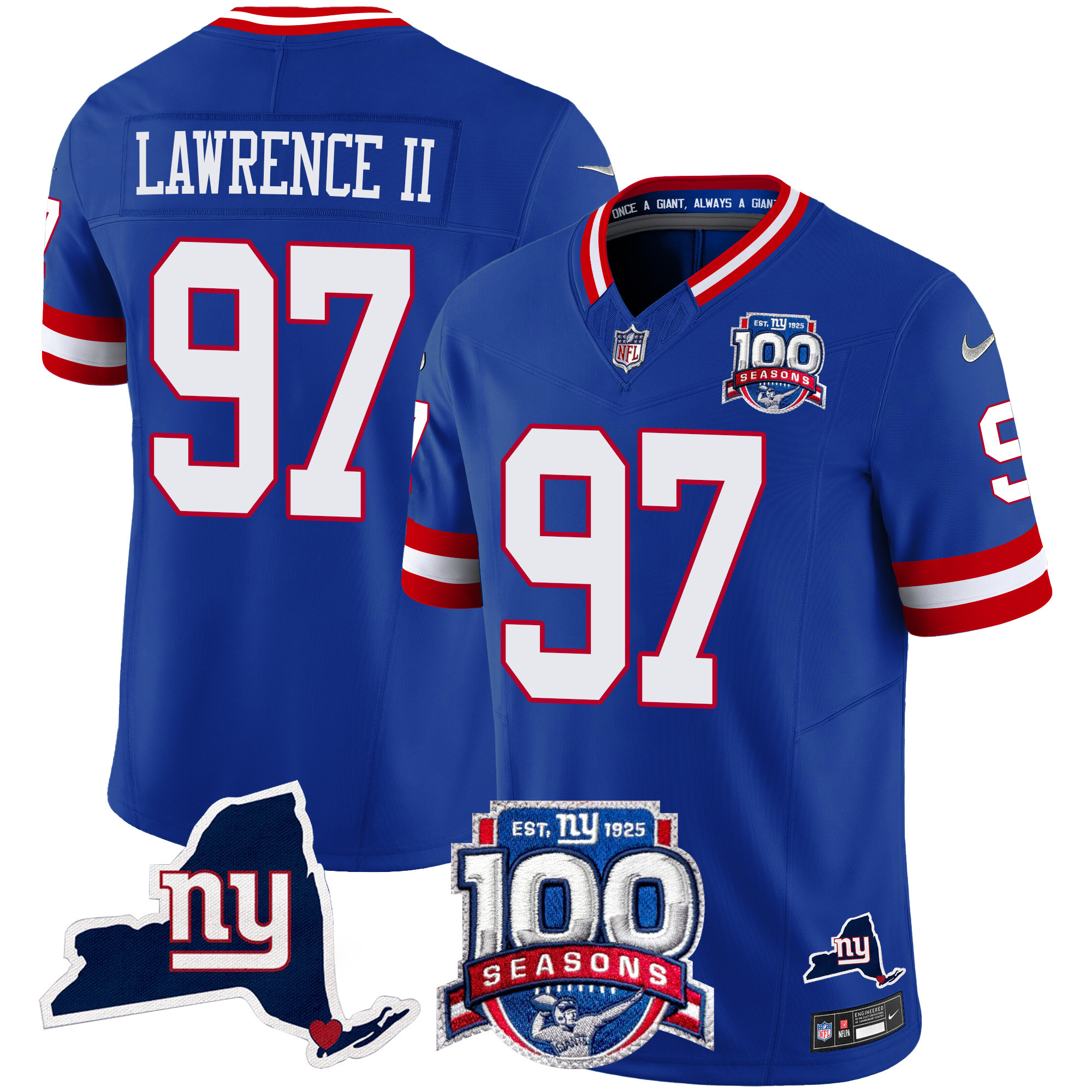 Dexter Lawrence II Men's New York Giants 100th Season & State Patch Vapor Limited Royal Jersey - All Stitched