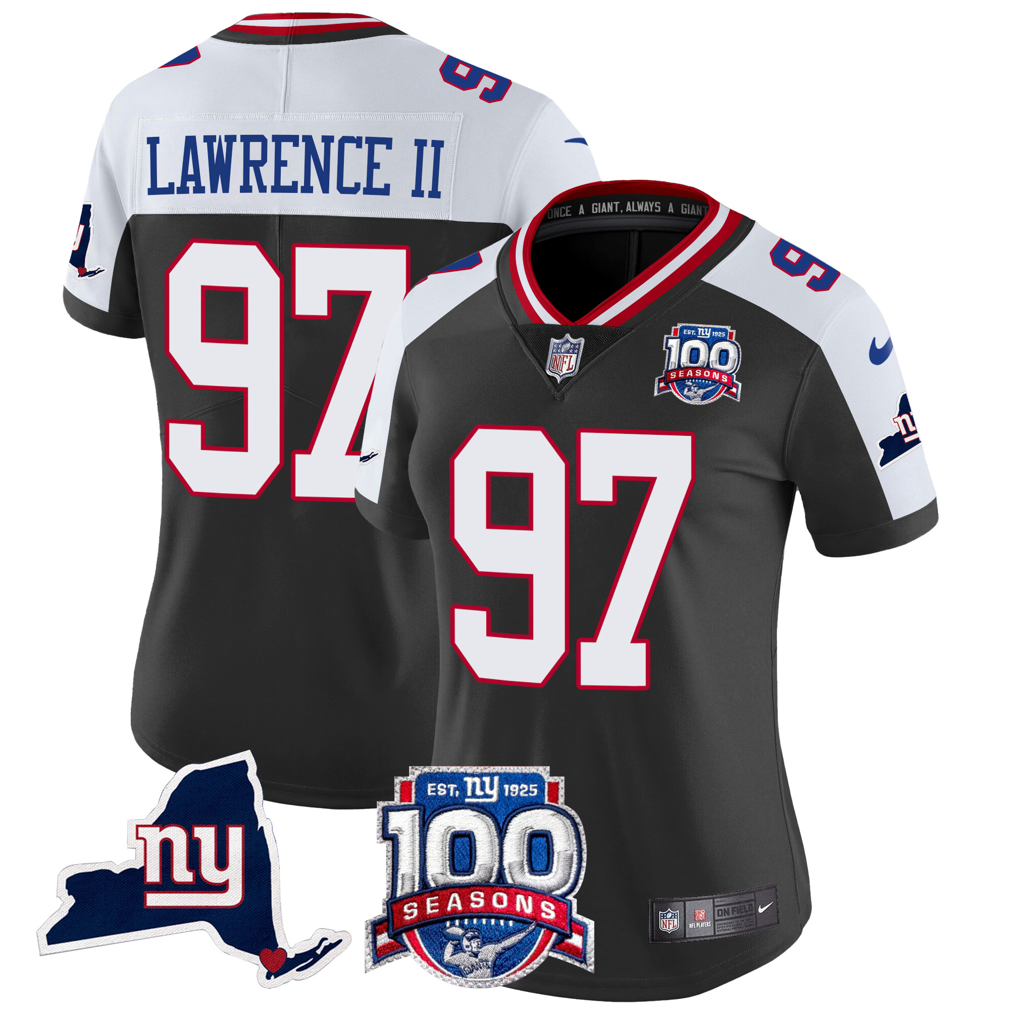 Dexter Lawrence II Women's New York Giants 100th Season & State Patch Vapor Limited Black Alternate Jersey - All Stitched