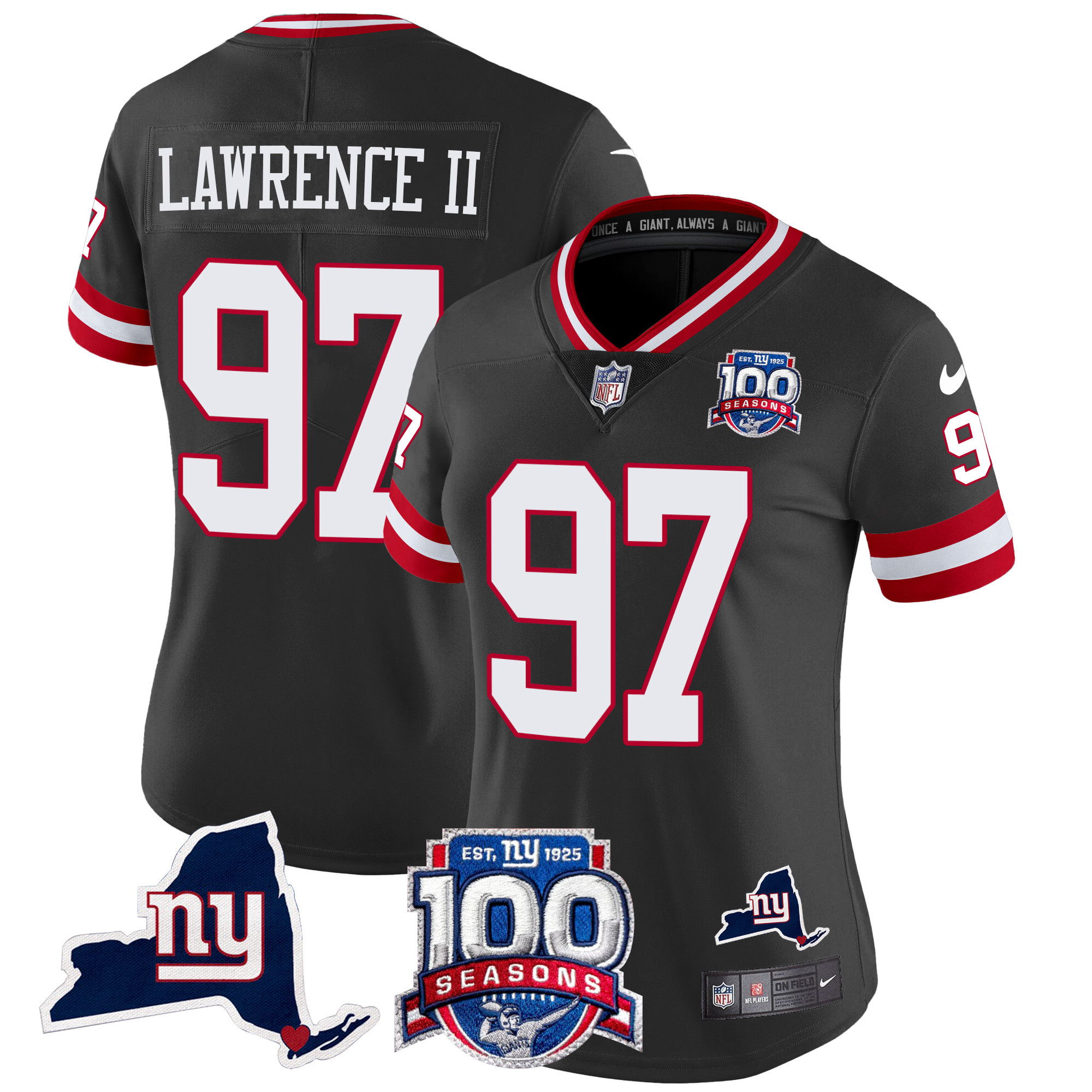 Dexter Lawrence II Women's New York Giants 100th Season & State Patch Vapor Limited Black Jersey - All Stitched