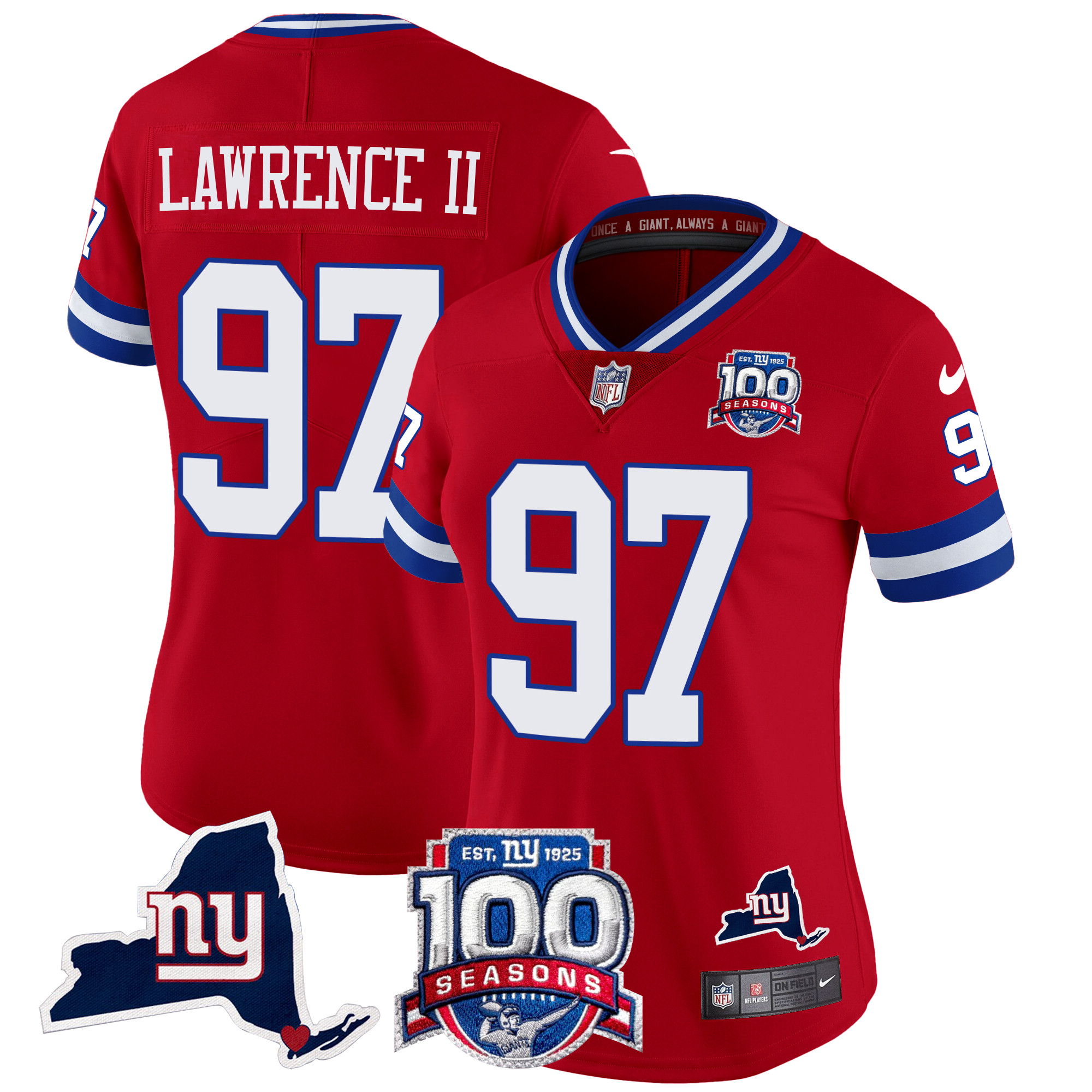 Dexter Lawrence II Women's New York Giants 100th Season & State Patch Vapor Limited Red Jersey - All Stitched