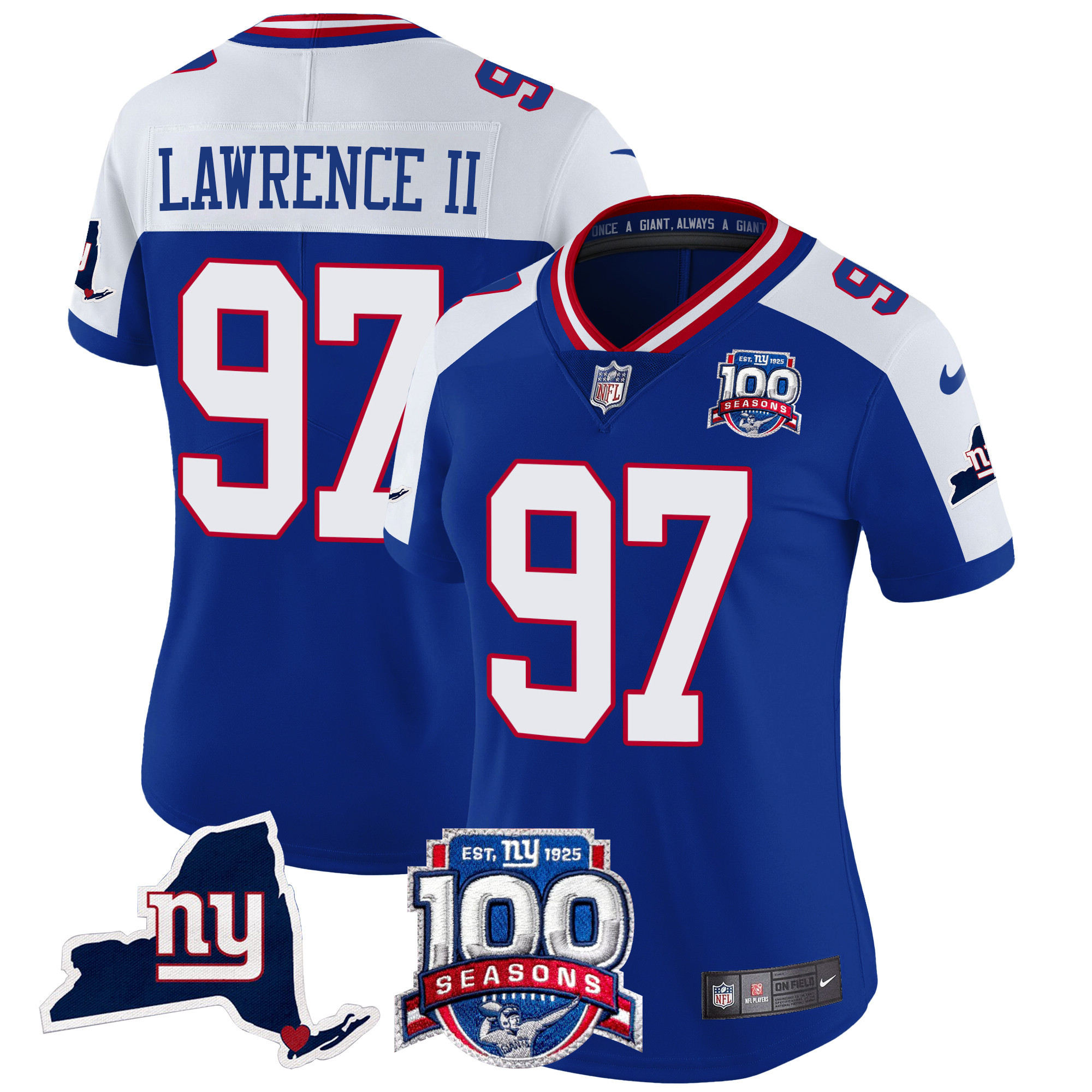 Dexter Lawrence II Women's New York Giants 100th Season & State Patch Vapor Limited Royal Alternate Jersey - All Stitched
