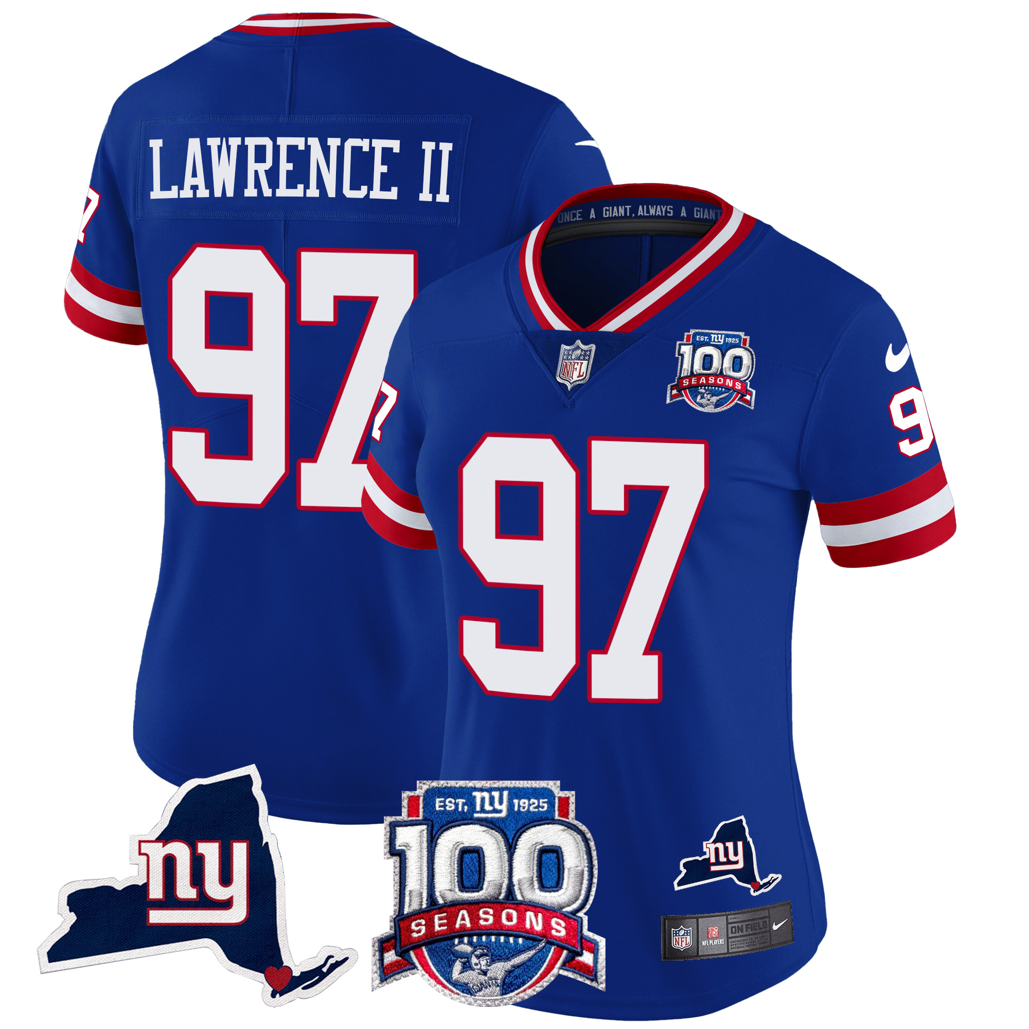 Dexter Lawrence II Women's New York Giants 100th Season & State Patch Vapor Limited Royal Jersey - All Stitched