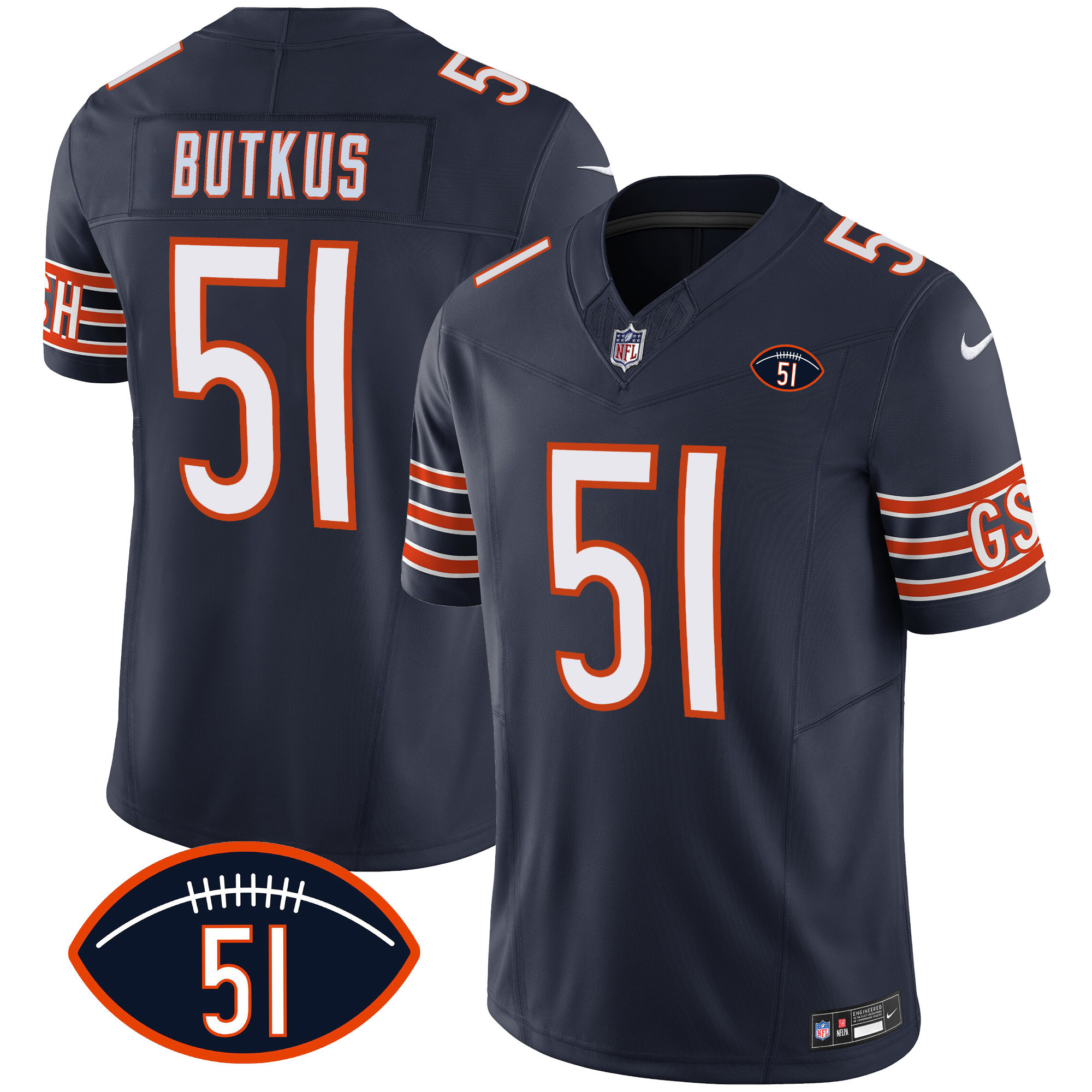 Dick Butkus Men's Chicago Bears Dick Butkus Patch GSH Vapor Navy Jersey - All Stitched