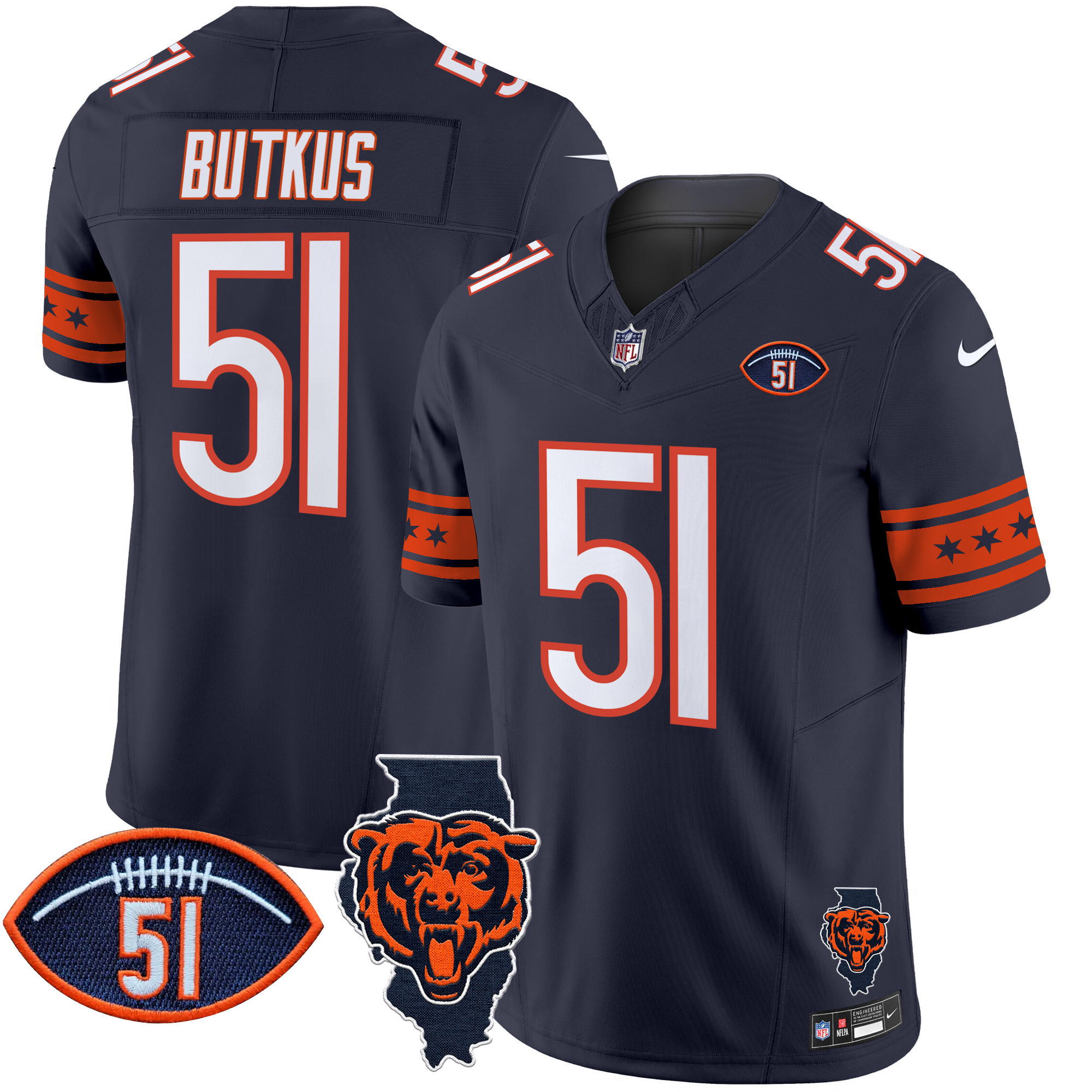 Dick Butkus Men's Chicago Bears Illinois & Dick Butkus Patch Vapor Limited Navy Jersey - All Stitched