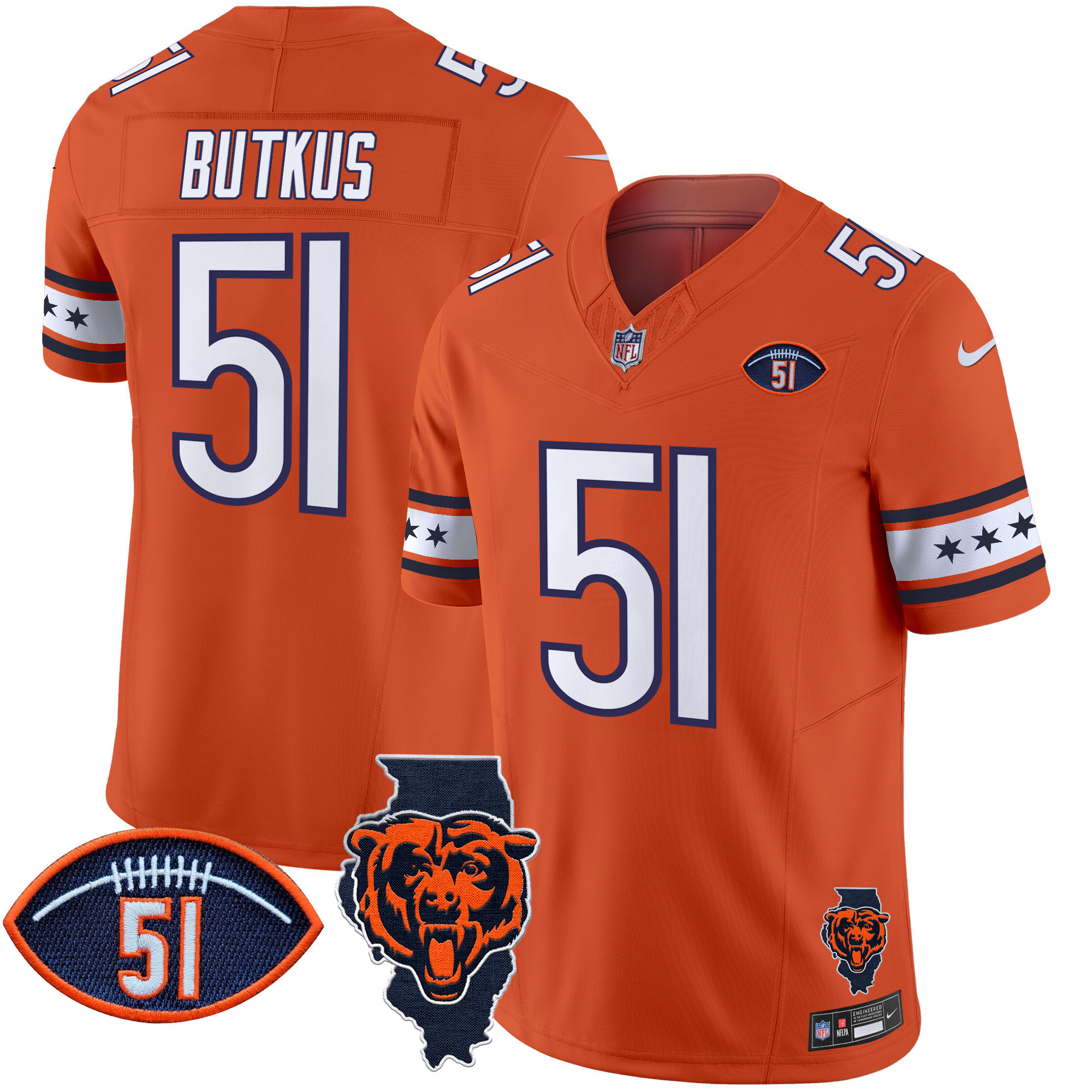 Dick Butkus Men's Chicago Bears Illinois & Dick Butkus Patch Vapor Limited Orange Jersey - All Stitched