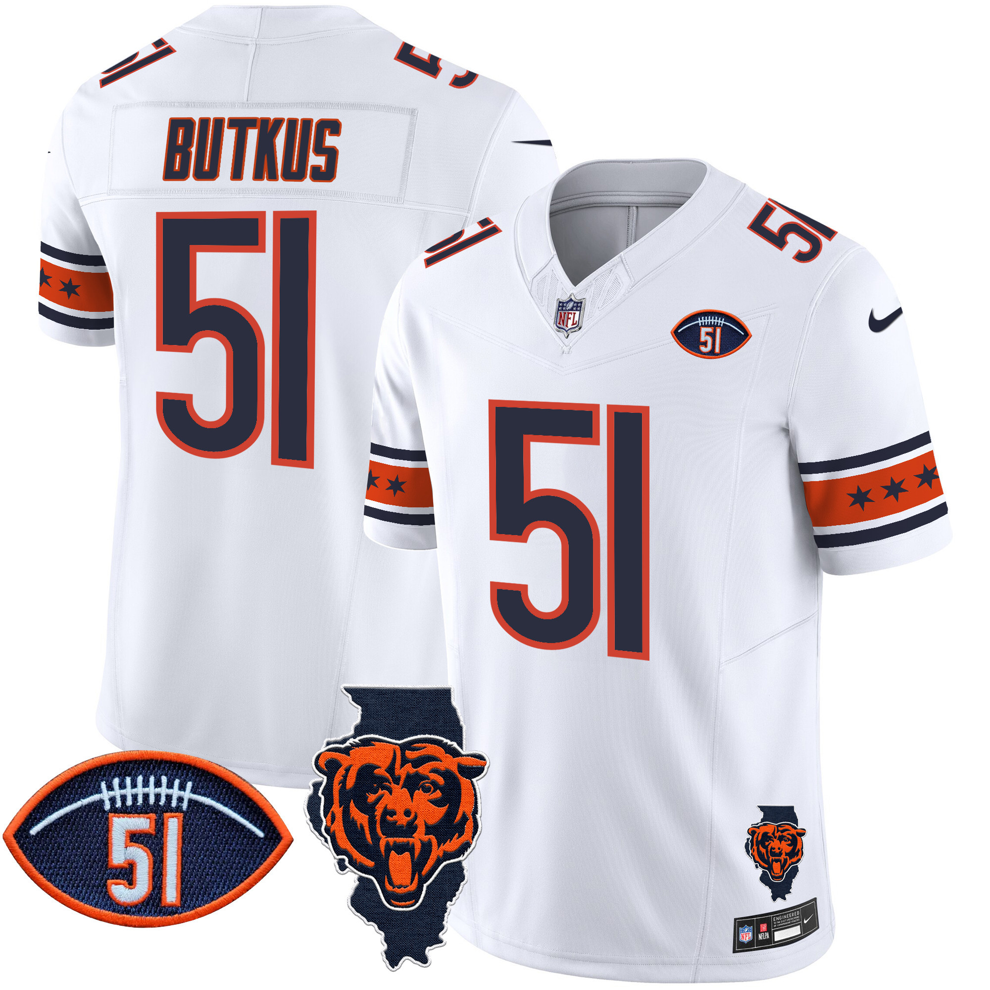 Dick Butkus Men's Chicago Bears Illinois & Dick Butkus Patch Vapor Limited White Jersey - All Stitched
