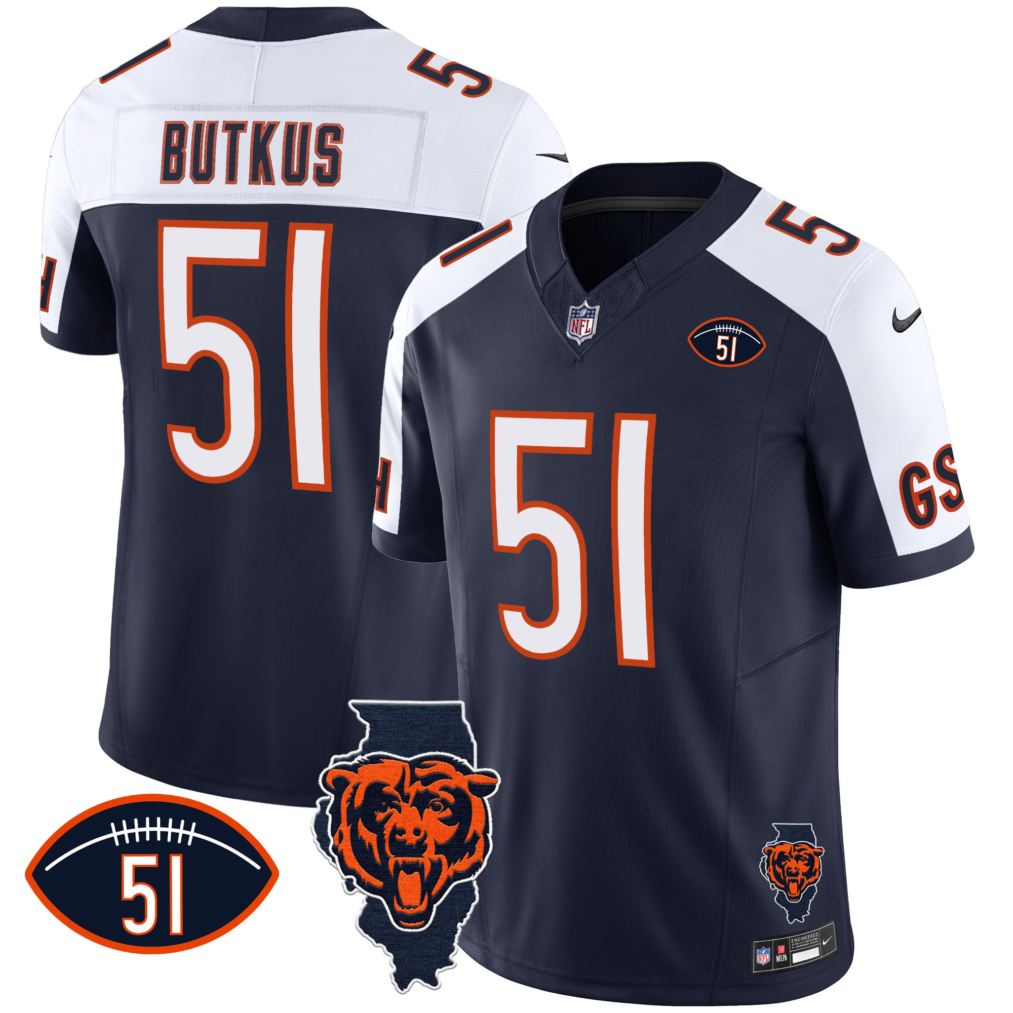 Dick Butkus Men's Chicago Bears Illinois Patch Vapor Alternate Jersey - All Stitched