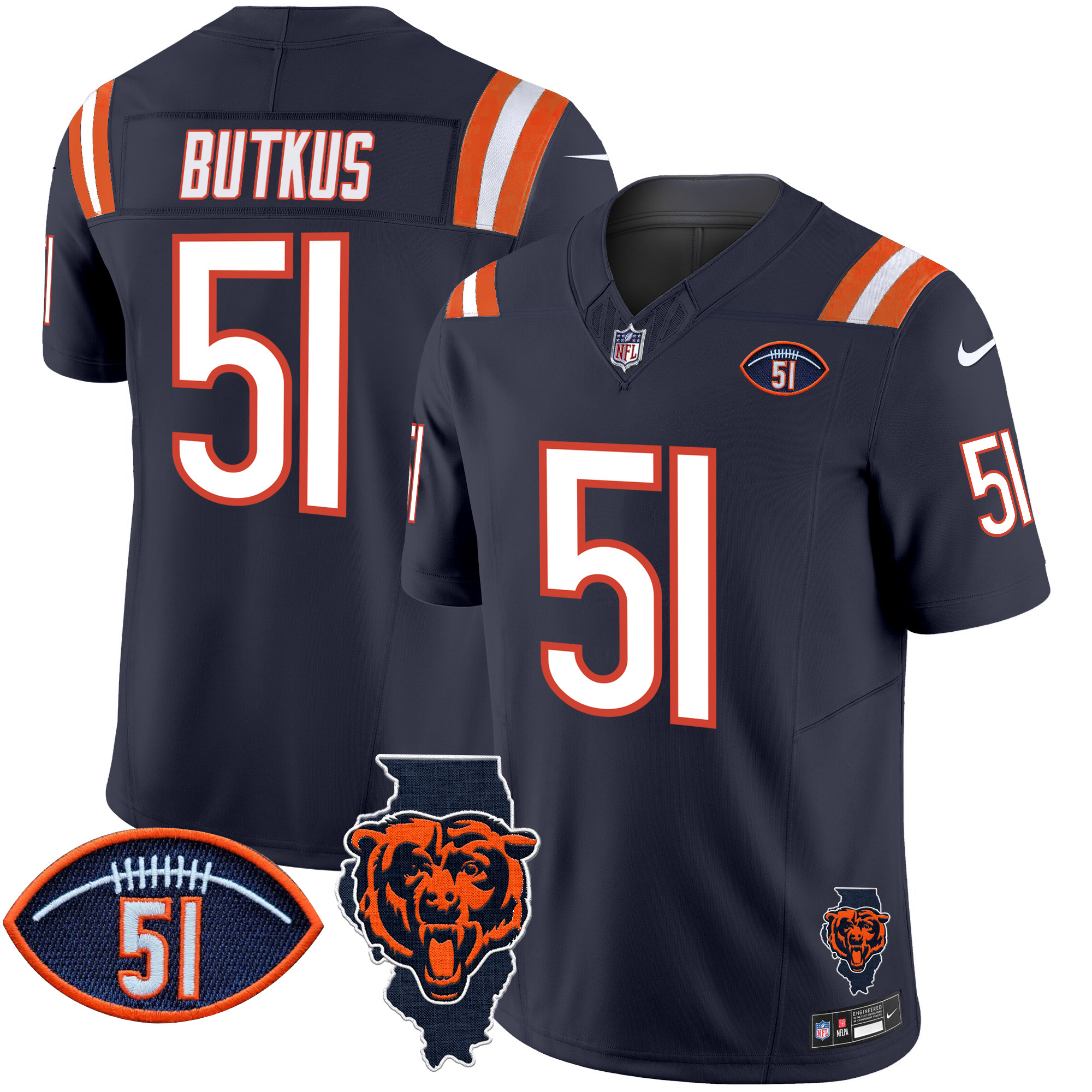Dick Butkus Men's Chicago Bears Illinois Patch Vapor Limited Navy Jersey - All Stitched