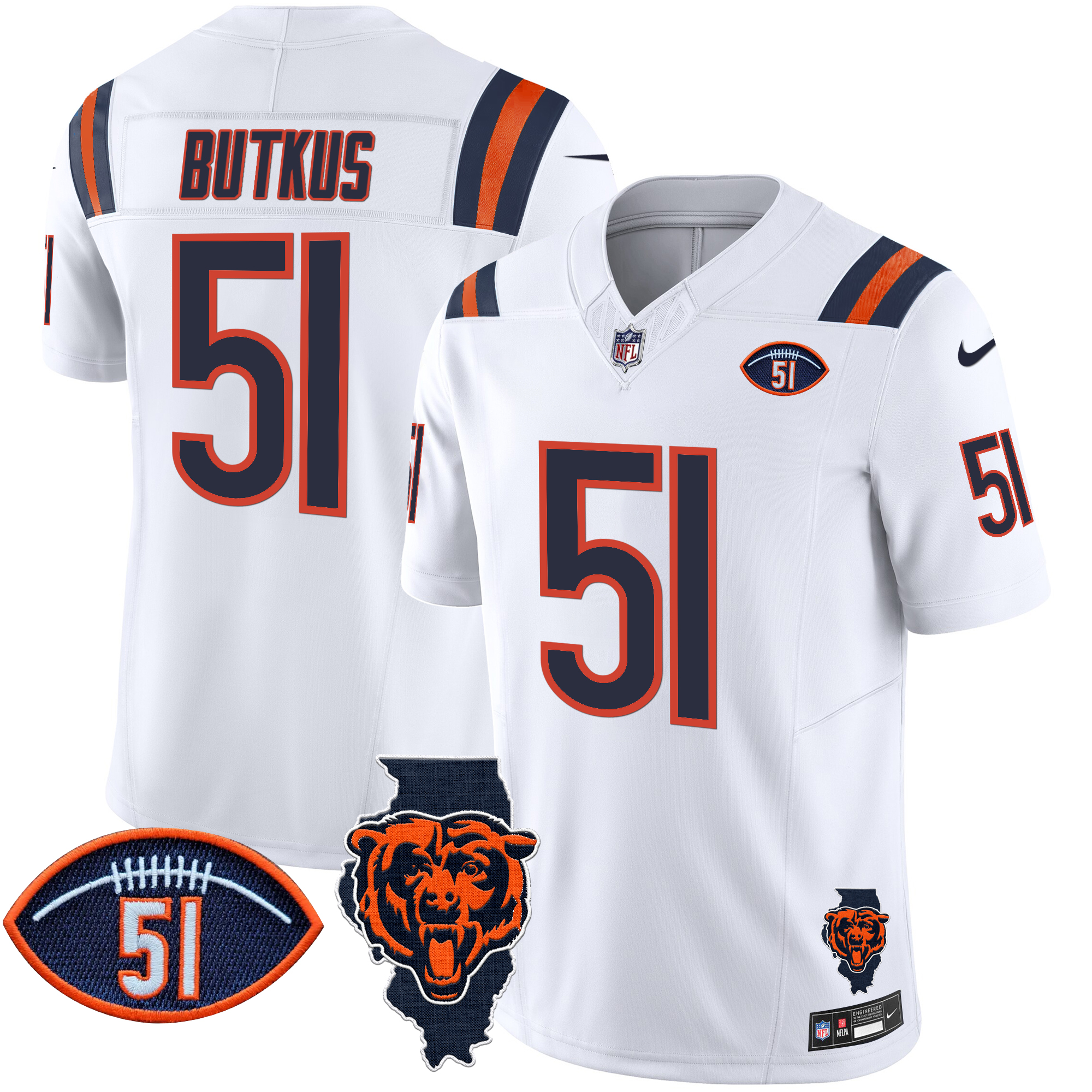 Dick Butkus Men's Chicago Bears Illinois Patch Vapor Limited White Jersey - All Stitched
