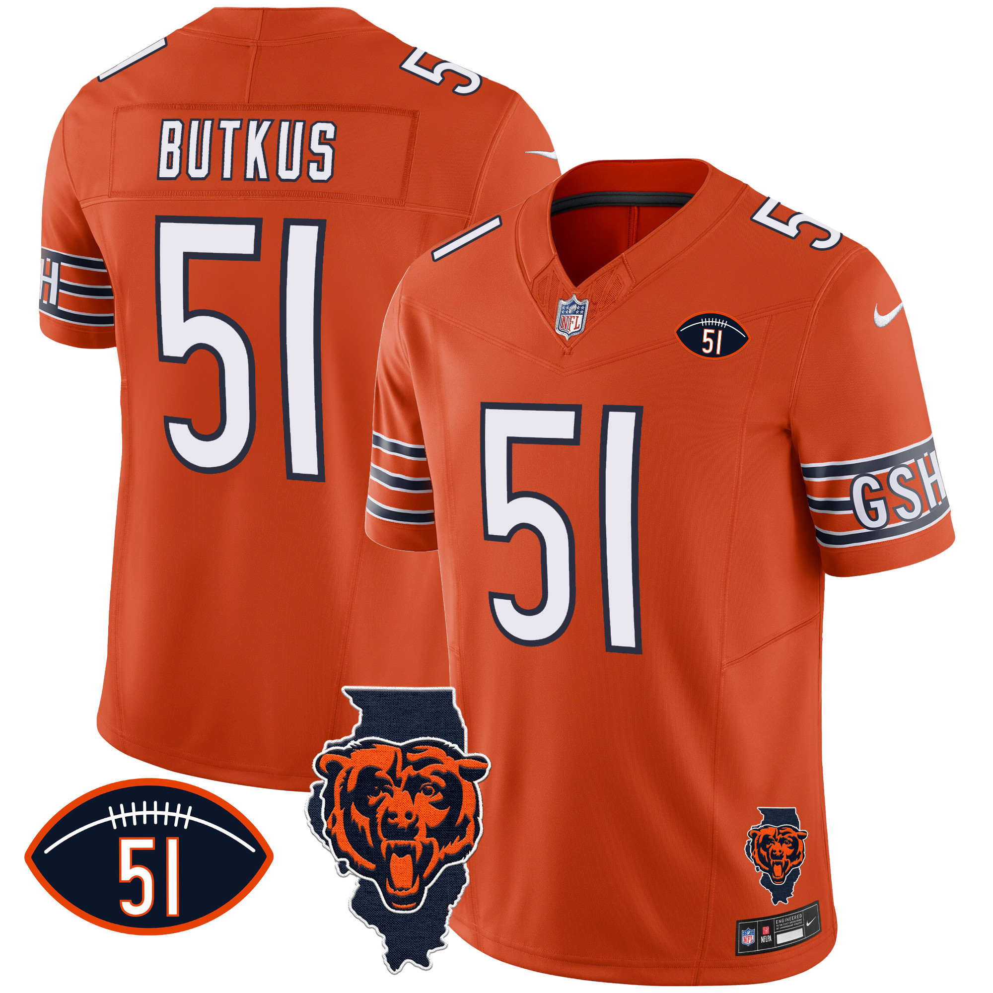 Dick Butkus Men's Chicago Bears Illinois Patch Vapor Orange Jersey - All Stitched