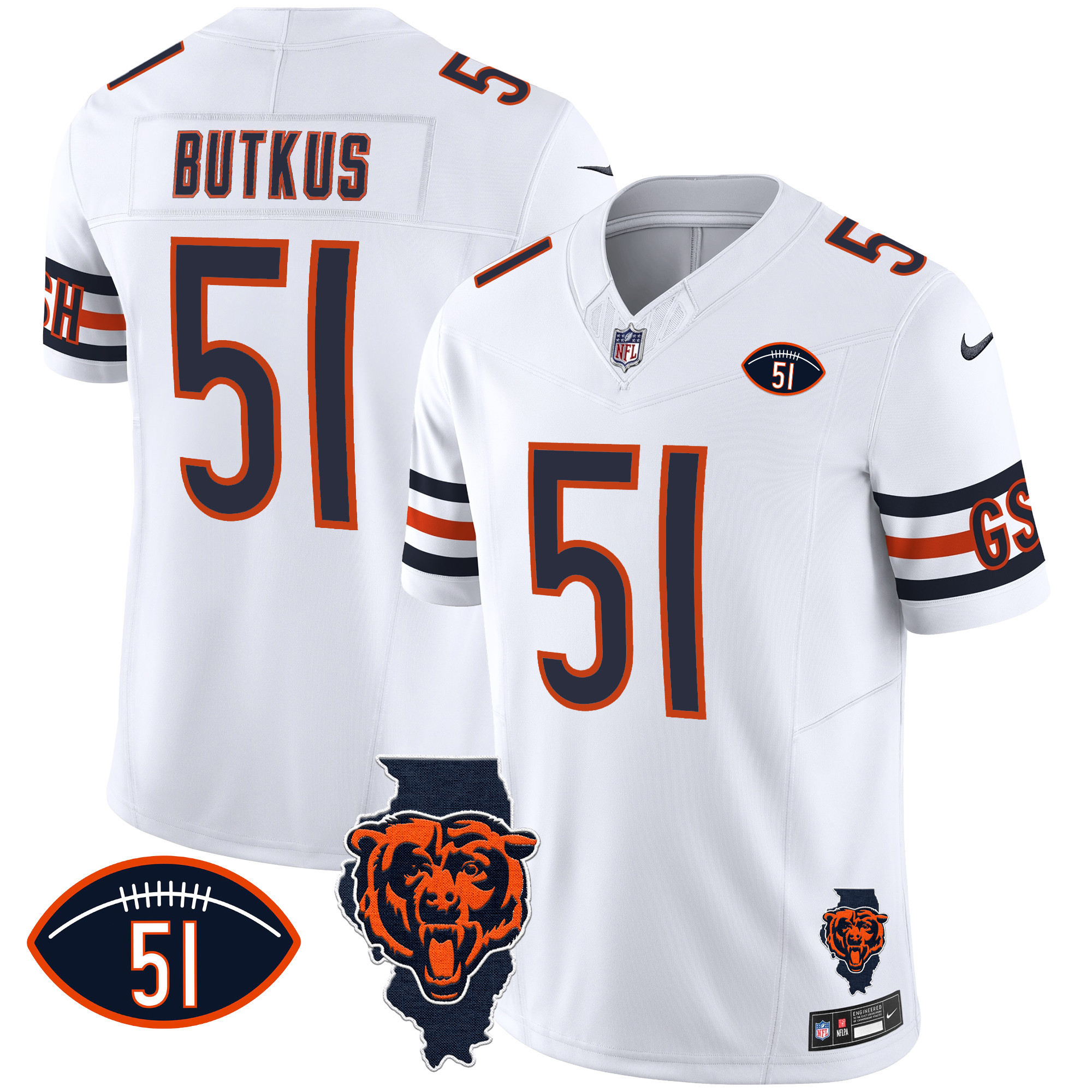 Dick Butkus Men's Chicago Bears Illinois Patch Vapor White Jersey - All Stitched
