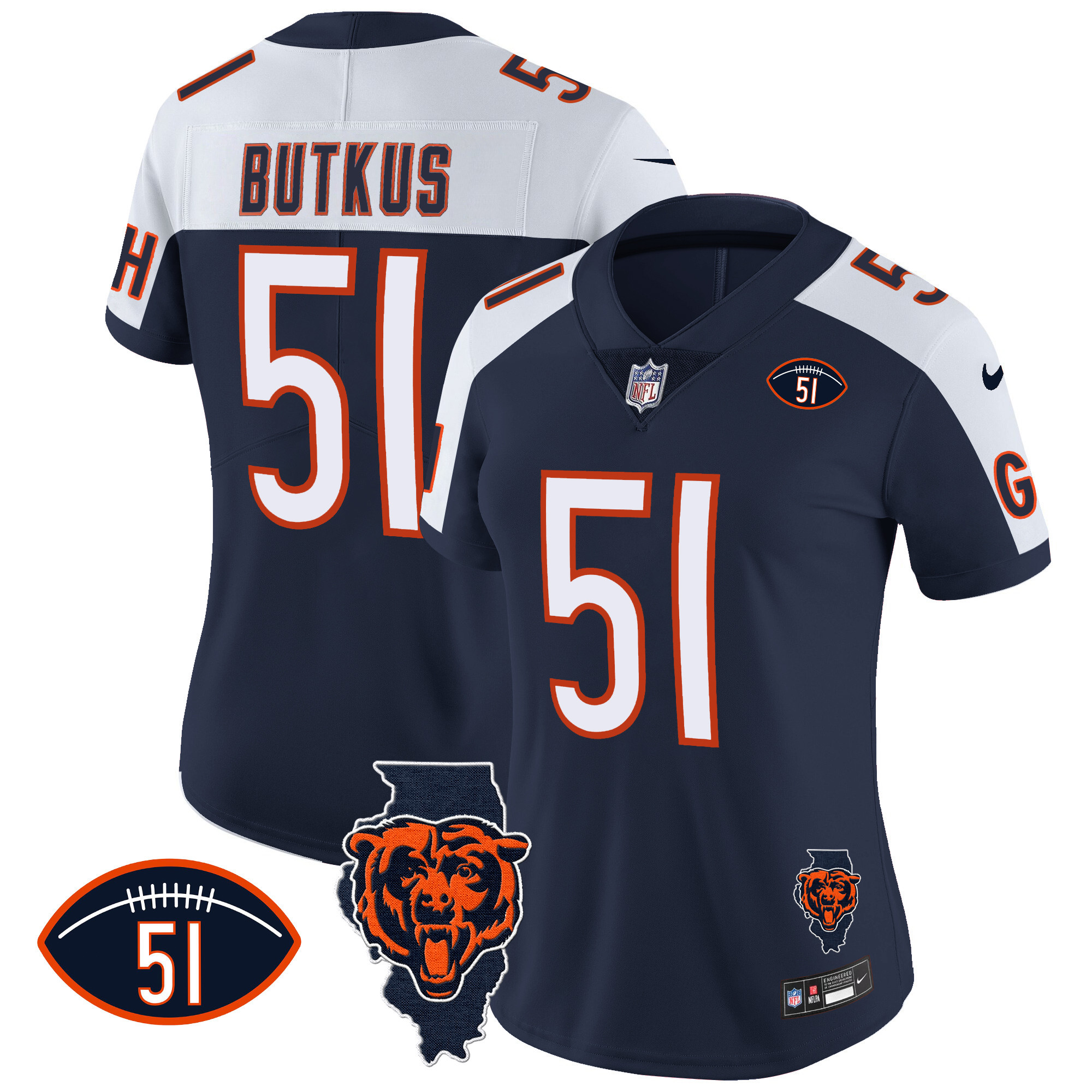 Dick Butkus Women's Chicago Bears Illinois Patch Vapor Navy Alternate Jersey - All Stitched