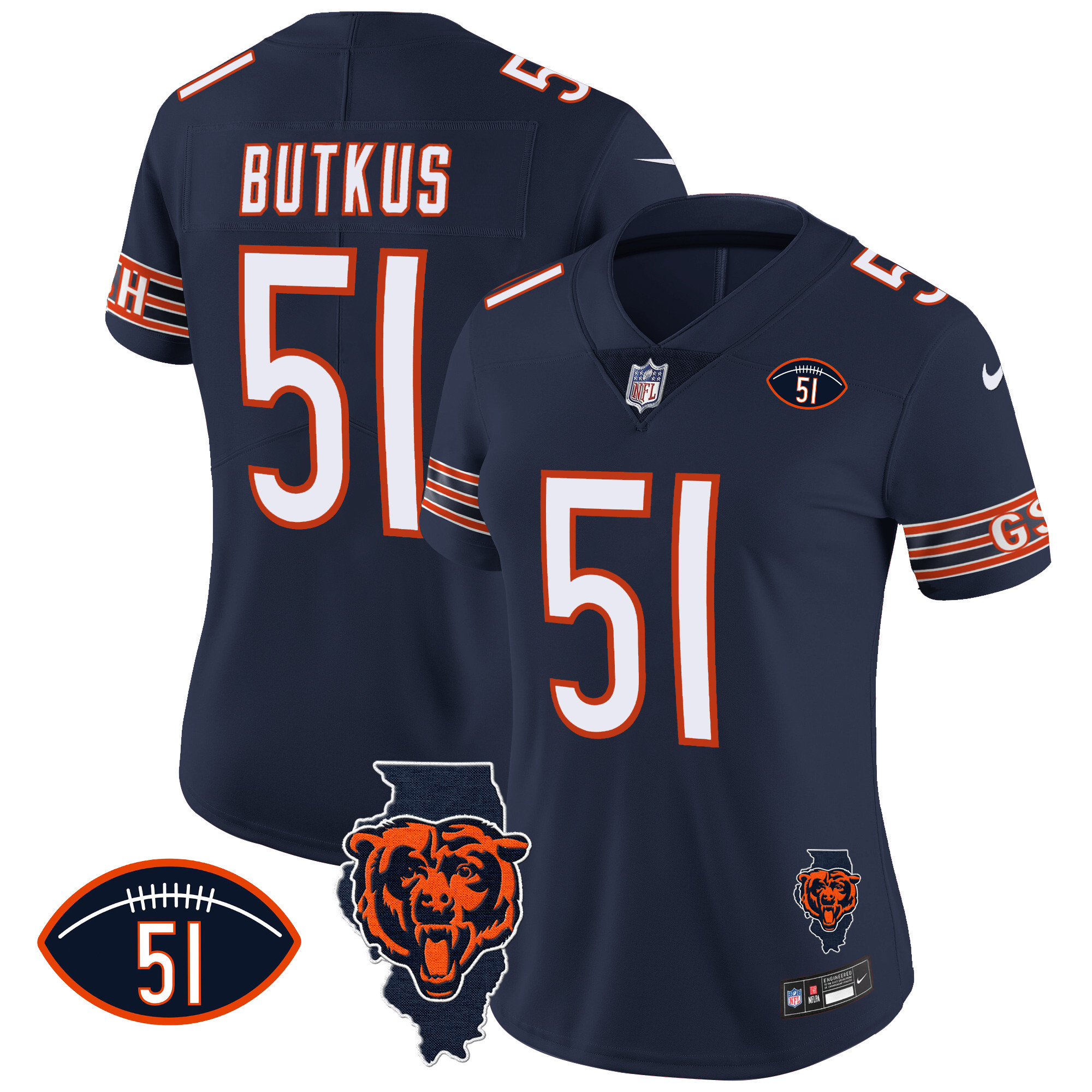 Dick Butkus Women's Chicago Bears Illinois Patch Vapor Navy Jersey - All Stitched