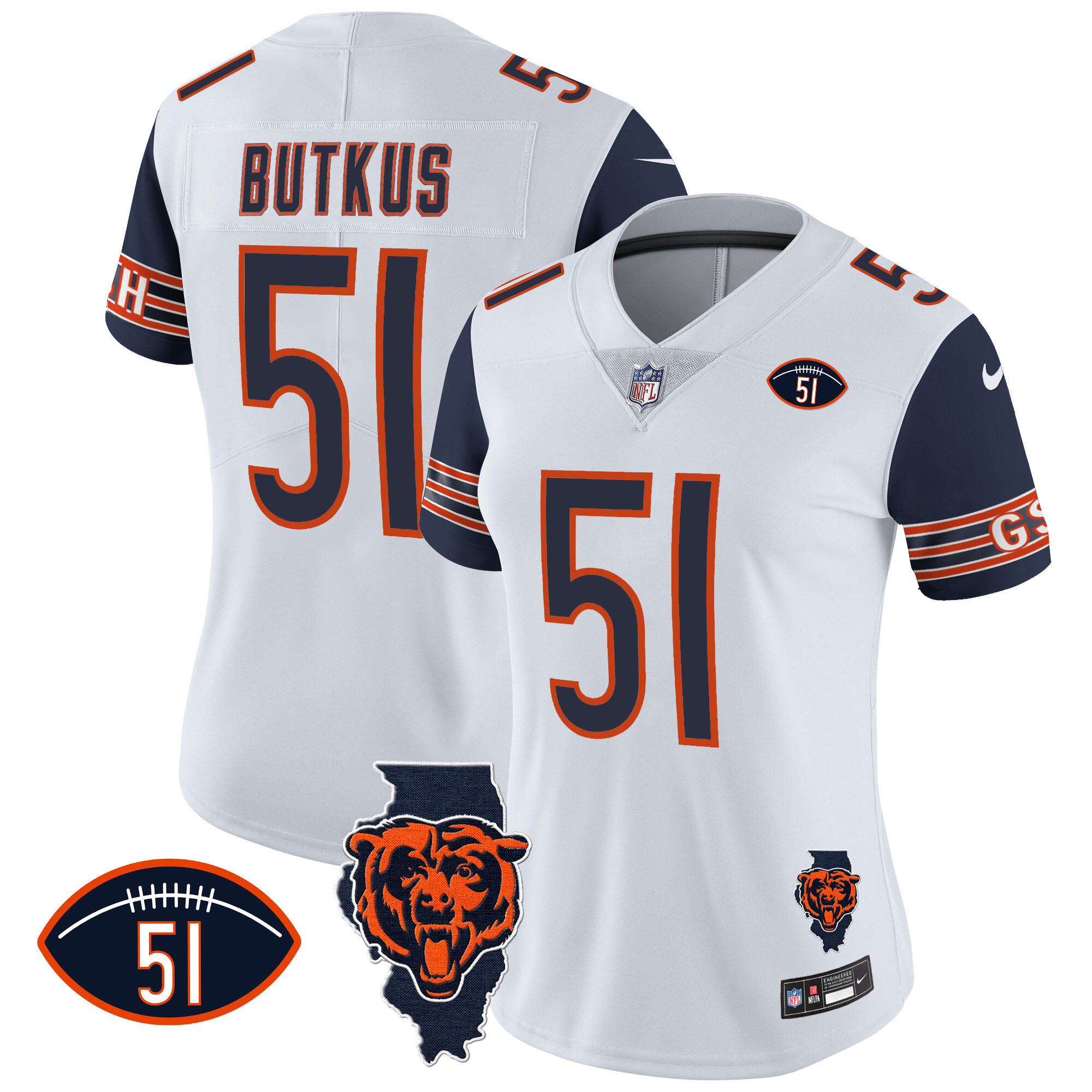 Dick Butkus Women's Chicago Bears Illinois Patch Vapor Navy Sleeves Jersey - All Stitched