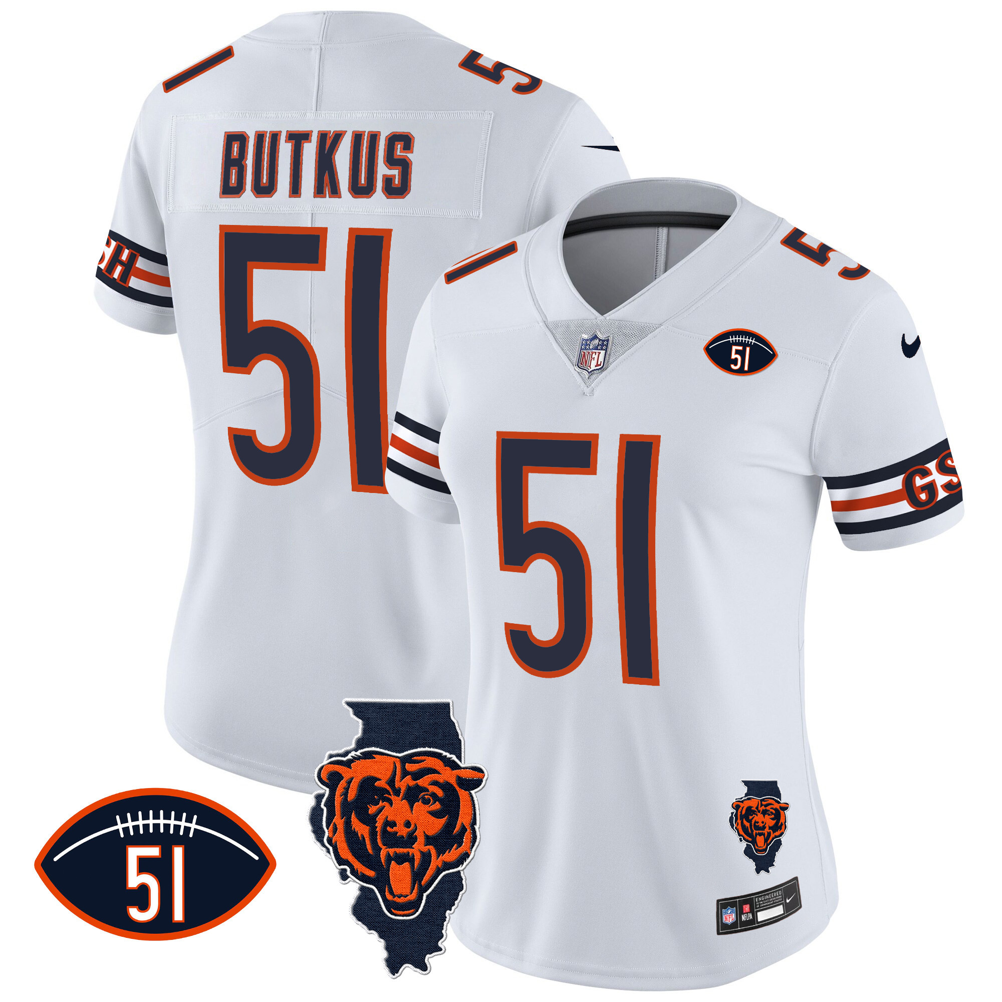 Dick Butkus Women's Chicago Bears Illinois Patch Vapor White Jersey - All Stitched