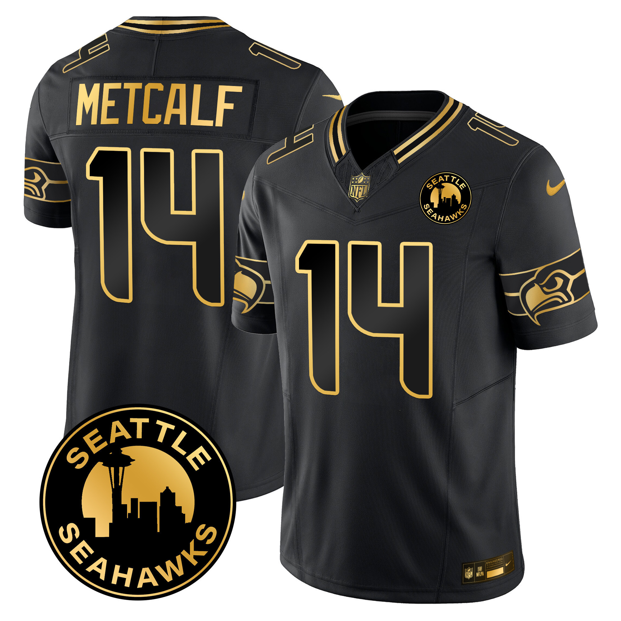 Dk Metcalf Men's Seattle Seahawks 2024 Seattle City Patch Gold Vapor Limited Black Gold Jersey - All Stitched