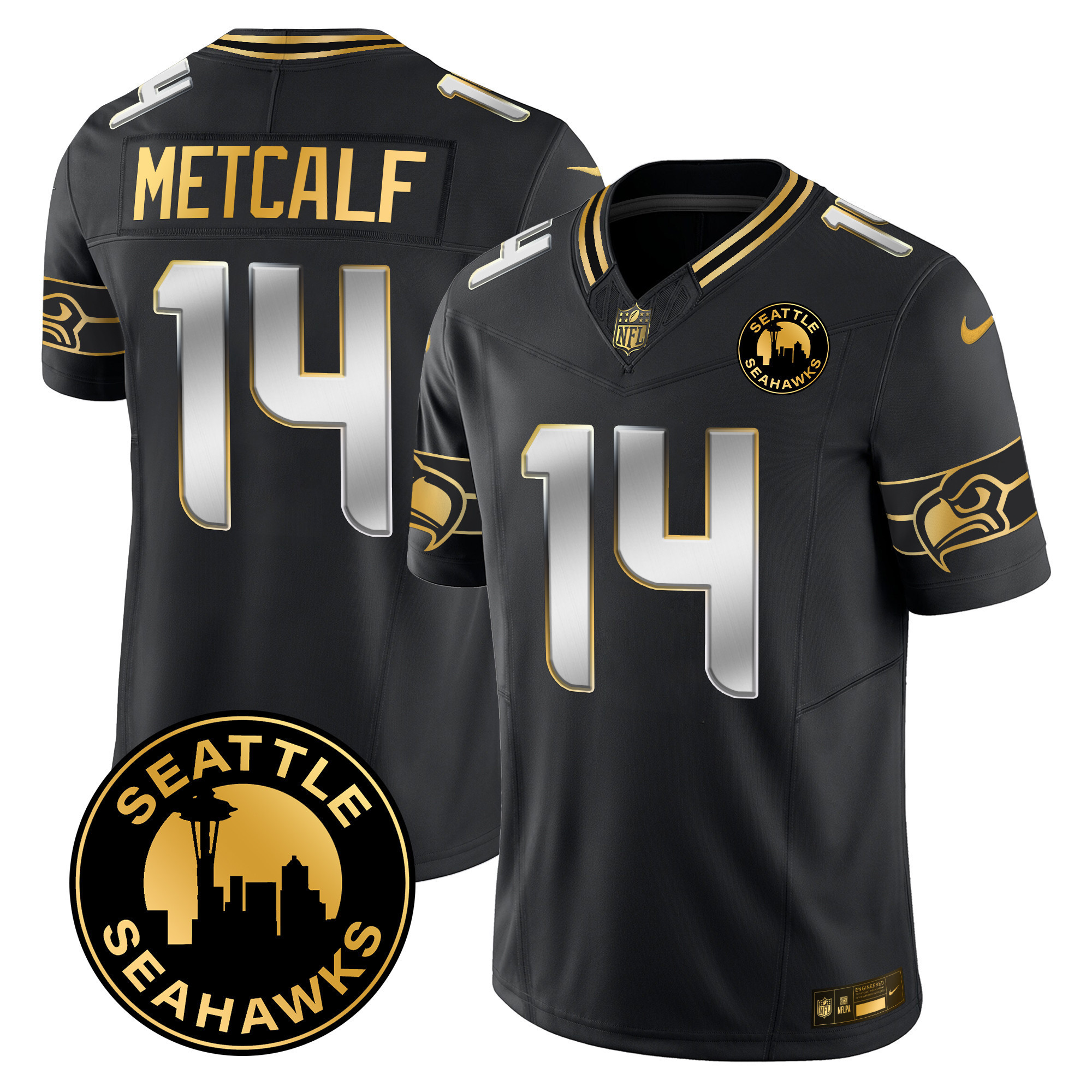 Dk Metcalf Men's Seattle Seahawks 2024 Seattle City Patch Gold Vapor Limited Black Limited Jersey - All Stitched