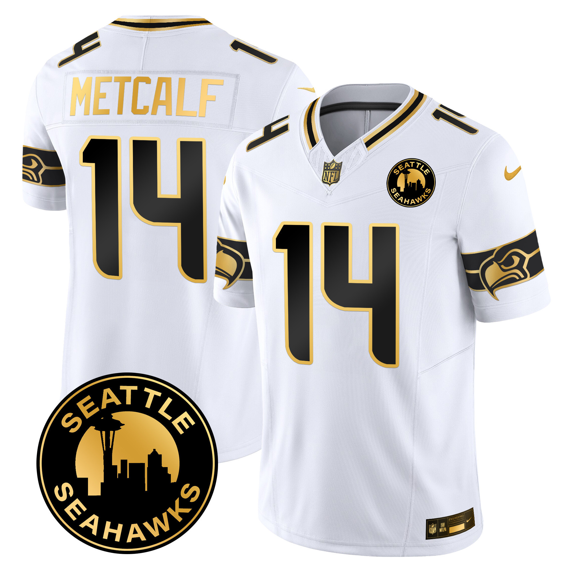 Dk Metcalf Men's Seattle Seahawks 2024 Seattle City Patch Gold Vapor Limited White Gold Jersey - All Stitched
