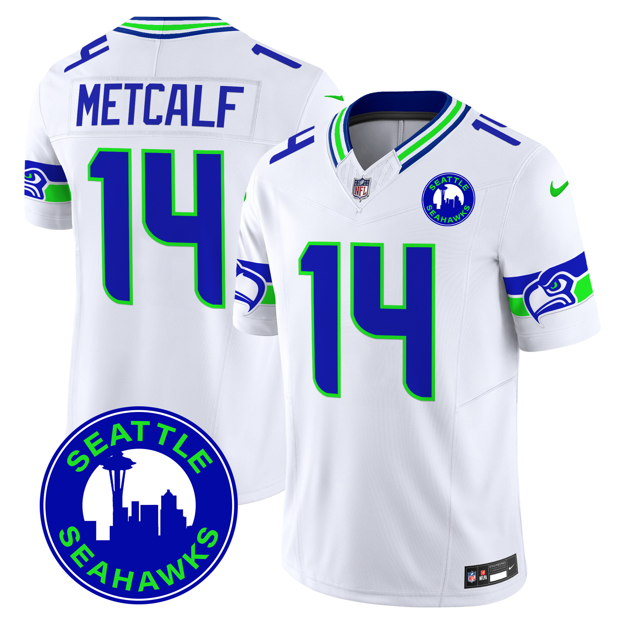 DK Metcalf Men's Seattle Seahawks 2024 Seattle City Patch Vapor Limited White Jersey - All Stitched