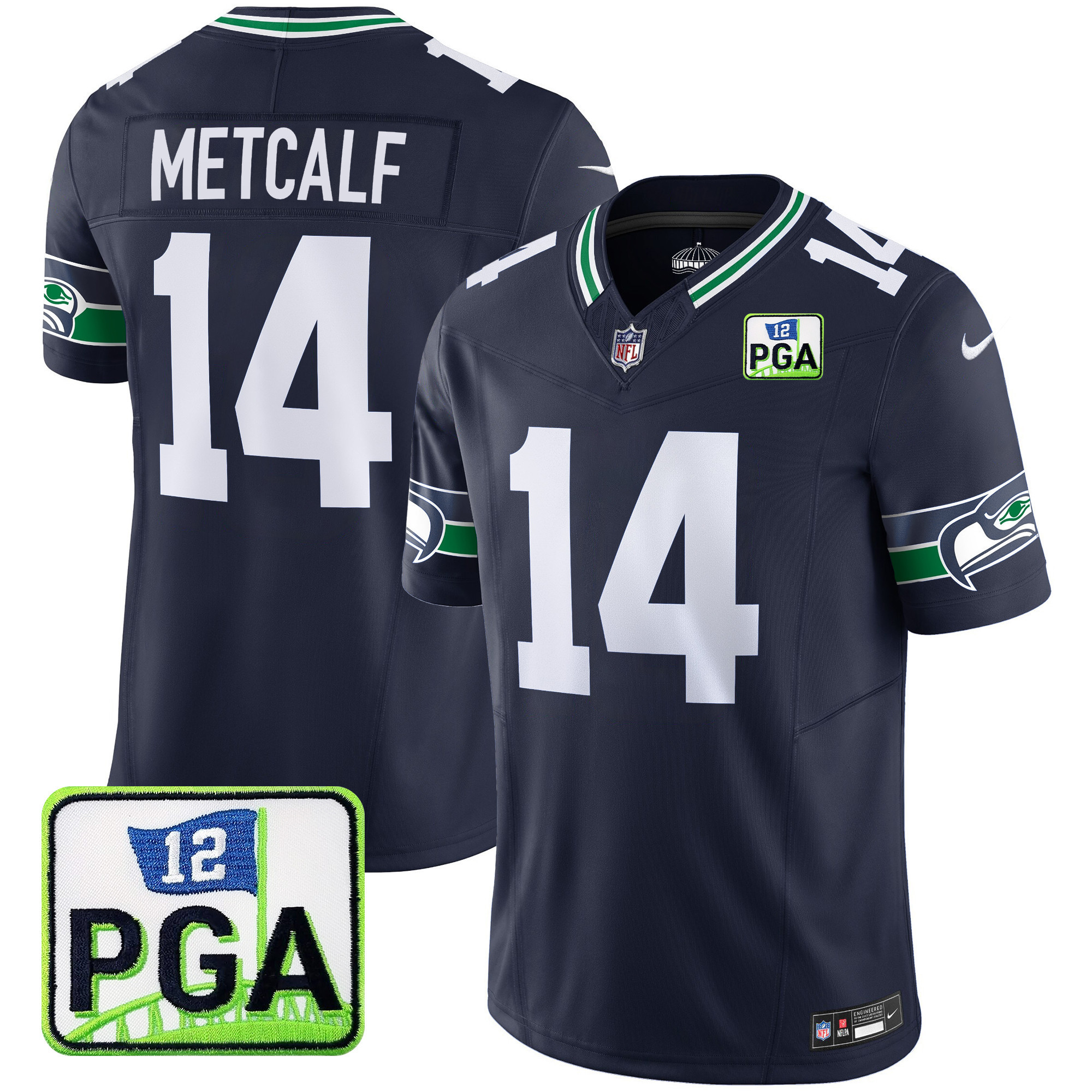 DK Metcalf Men's Seattle Seahawks PGA Patch Vapor Limited Navy Jersey - All Stitched