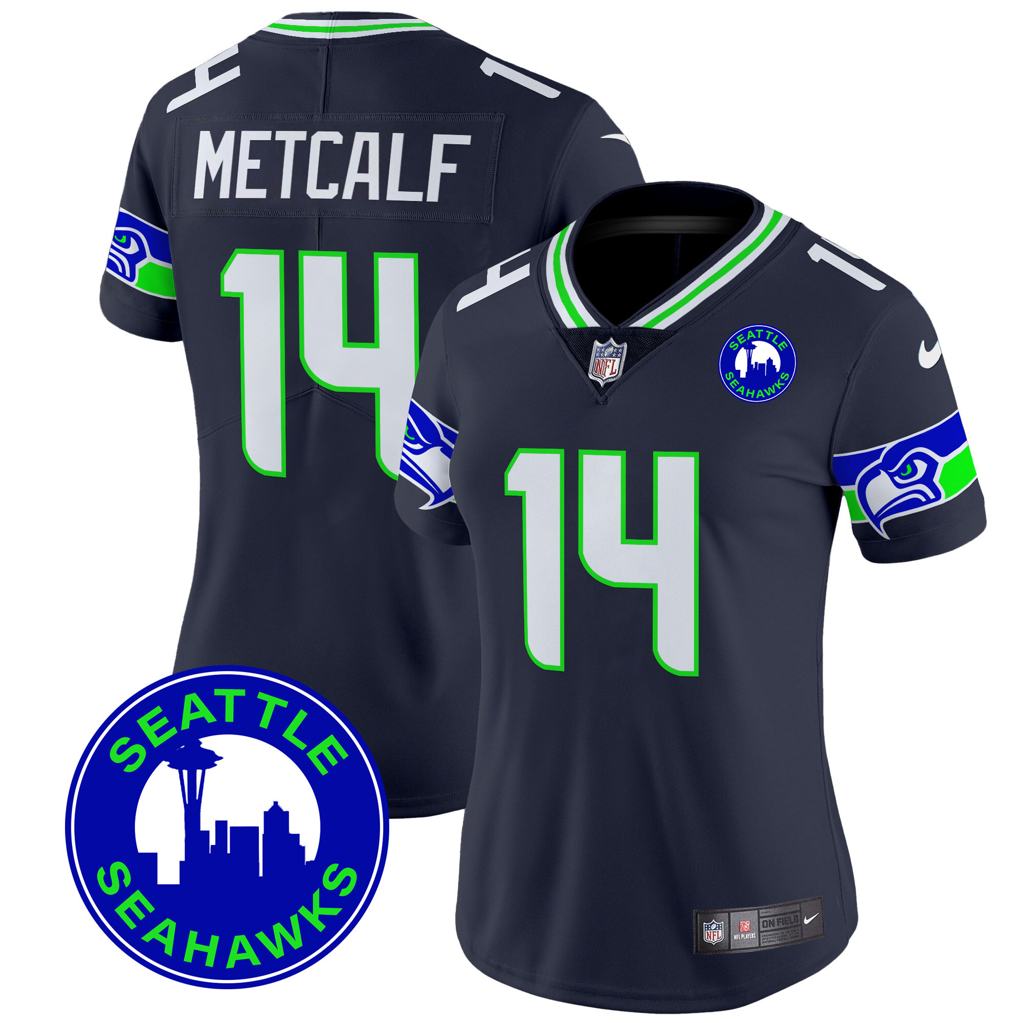 DK Metcalf Women's Seattle Seahawks 2024 Seattle City Patch Vapor Limited Navy Jersey - All Stitched