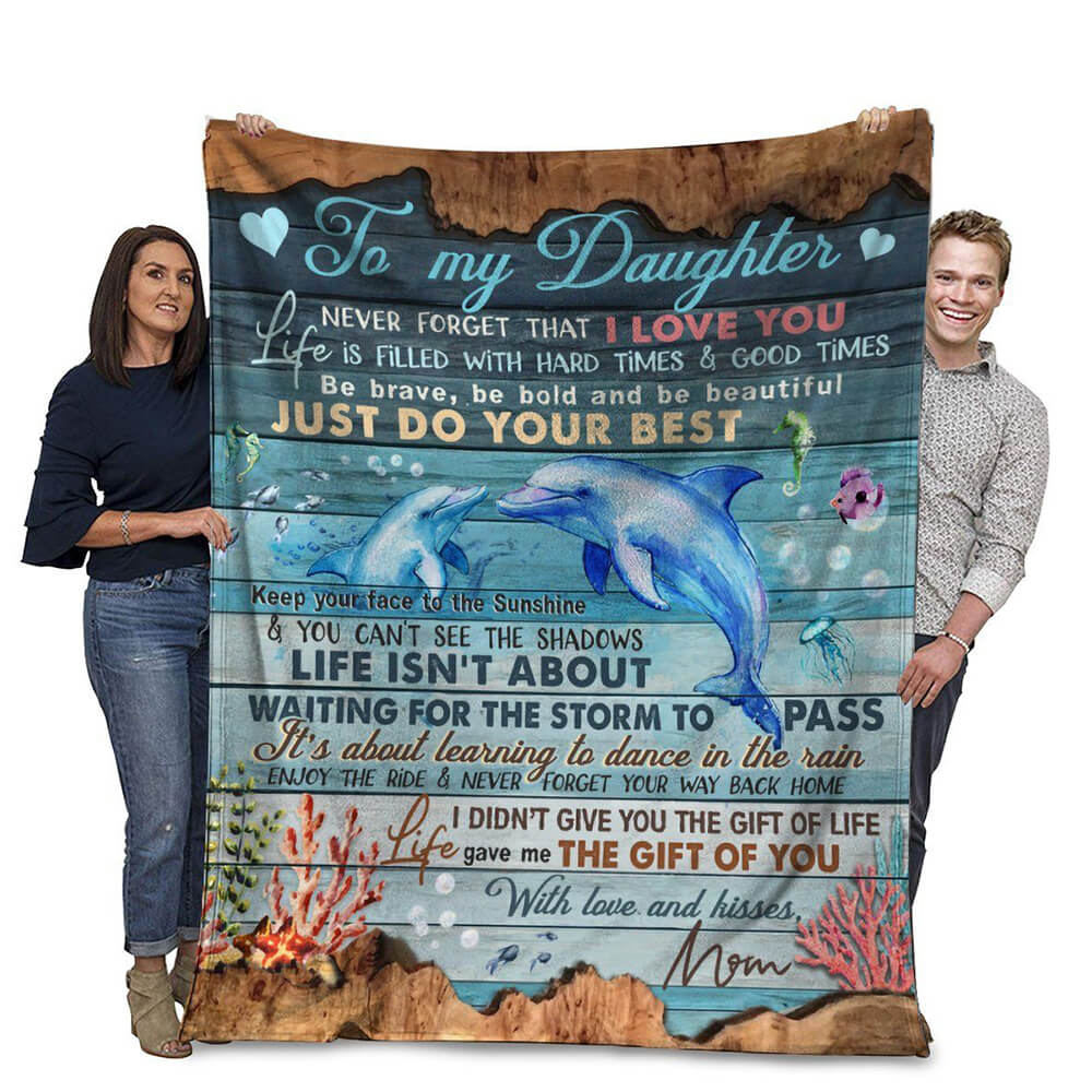 Dolphin To My Daughter Never Forget That I Love You Fleece Quilt Blanket - TopBestClothing
