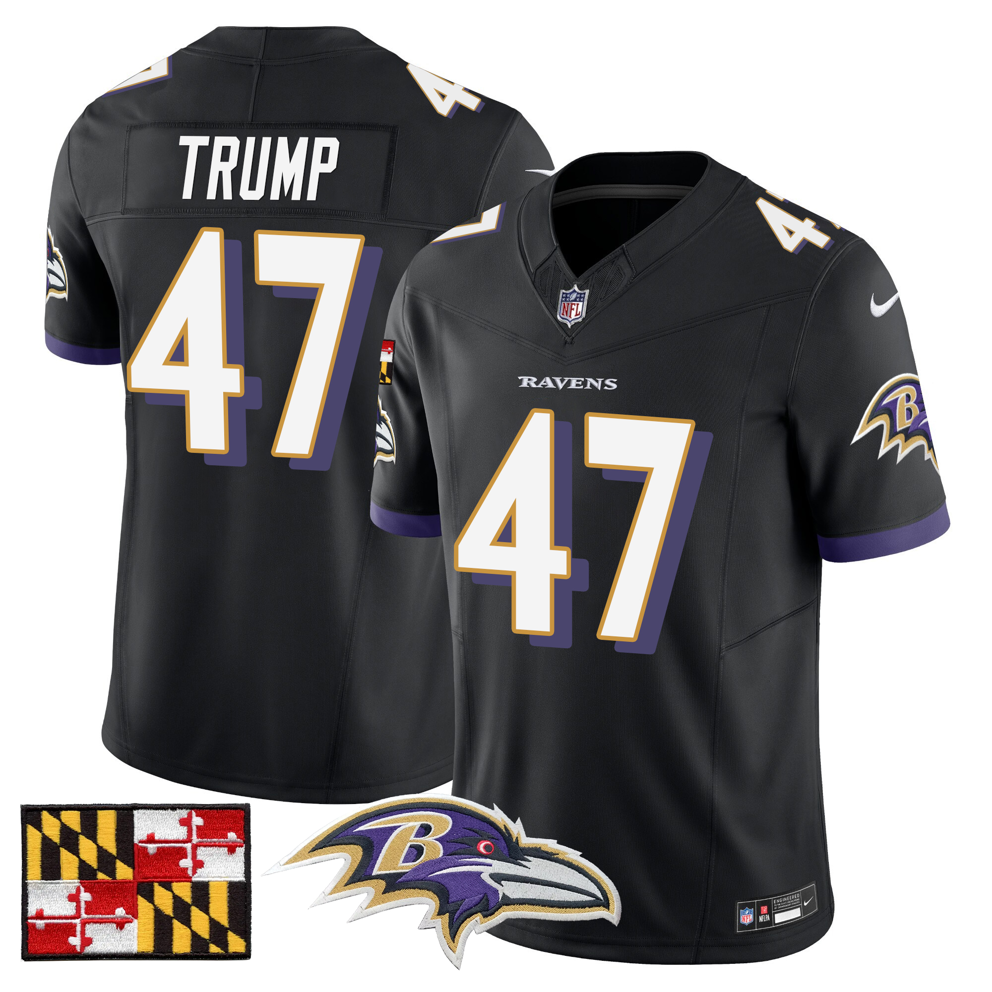 Donald Trump Men's Baltimore Ravens 2024 Maryland Flag Vapor Limited Black Jersey - All Stitched