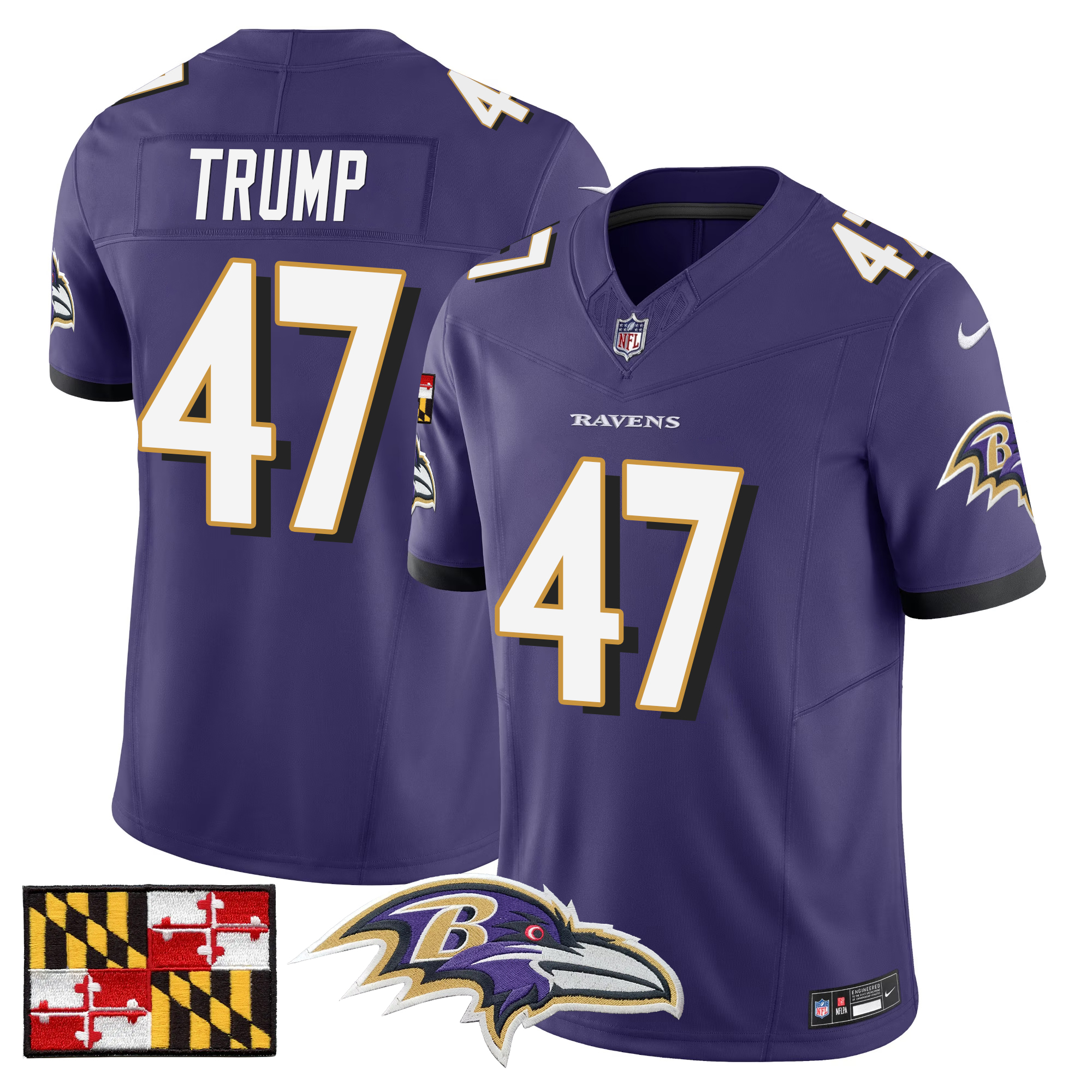 Donald Trump Men's Baltimore Ravens 2024 Maryland Flag Vapor Limited Purple Jersey - All Stitched
