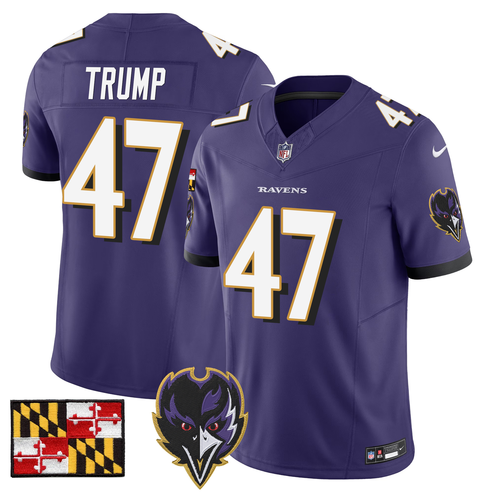 Donald Trump Men's Baltimore Ravens 2024 Maryland Flag Vapor Limited Purple Jersey - All Stitched