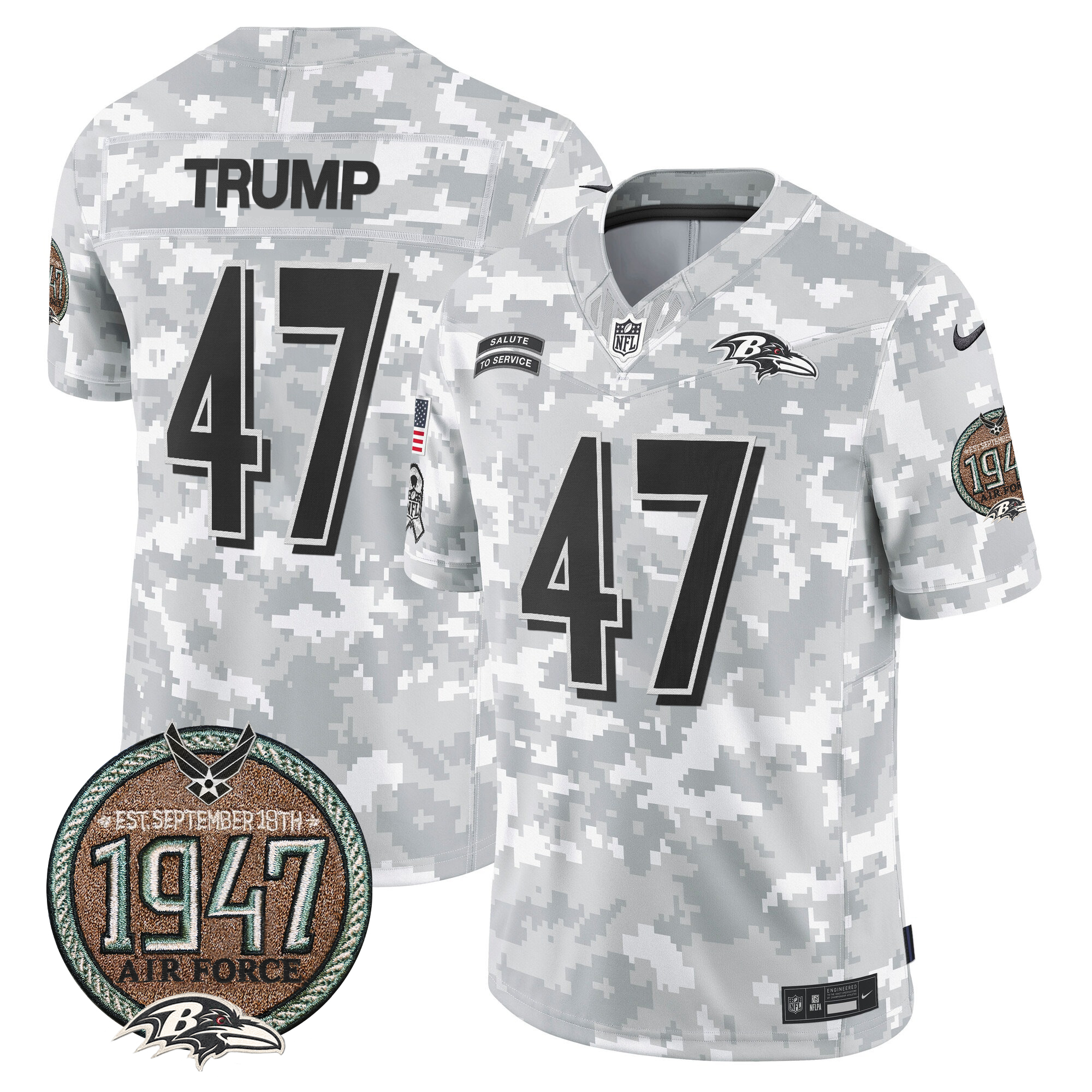 Donald Trump Men's Baltimore Ravens 2024 Salute to Service Establishment Year Patch Vapor Limited Air Force Jersey - All Stitched