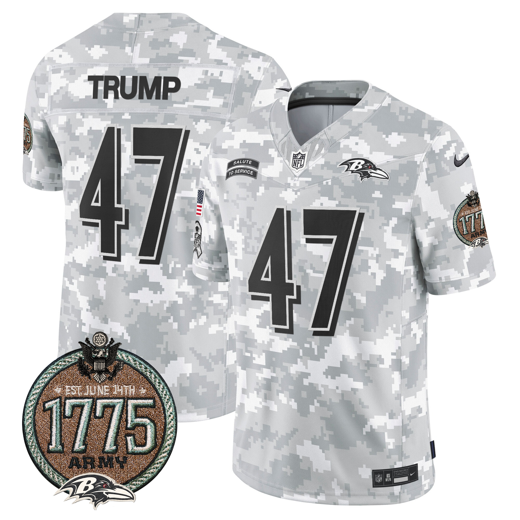 Donald Trump Men's Baltimore Ravens 2024 Salute to Service Establishment Year Patch Vapor Limited Army Jersey - All Stitched