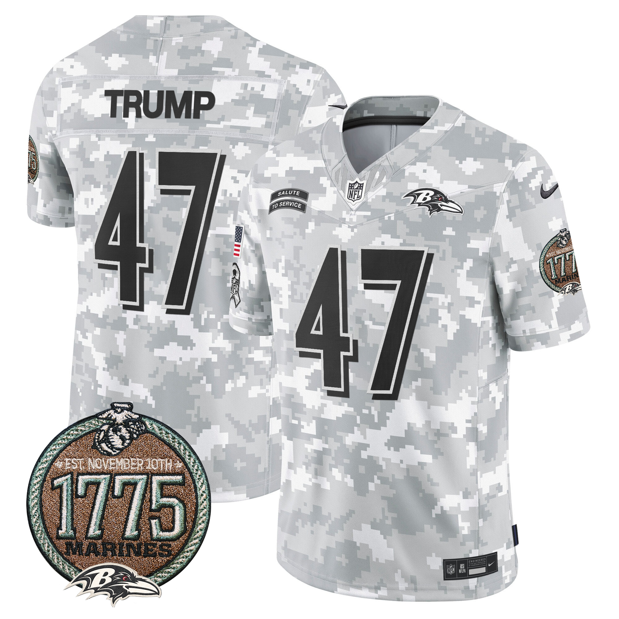 Donald Trump Men's Baltimore Ravens 2024 Salute to Service Establishment Year Patch Vapor Limited Marines Jersey - All Stitched