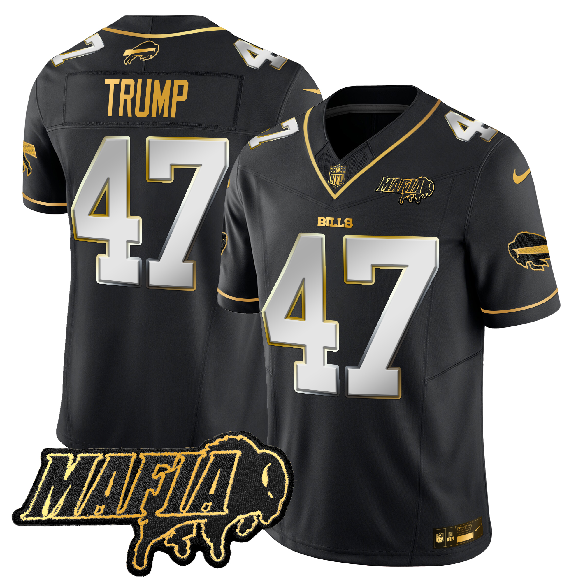 Donald Trump Men's Buffalo Bills 2024 Buffalo Bills Mafia Patch Gold Vapor Limited Black Limited Jersey - All Stitched