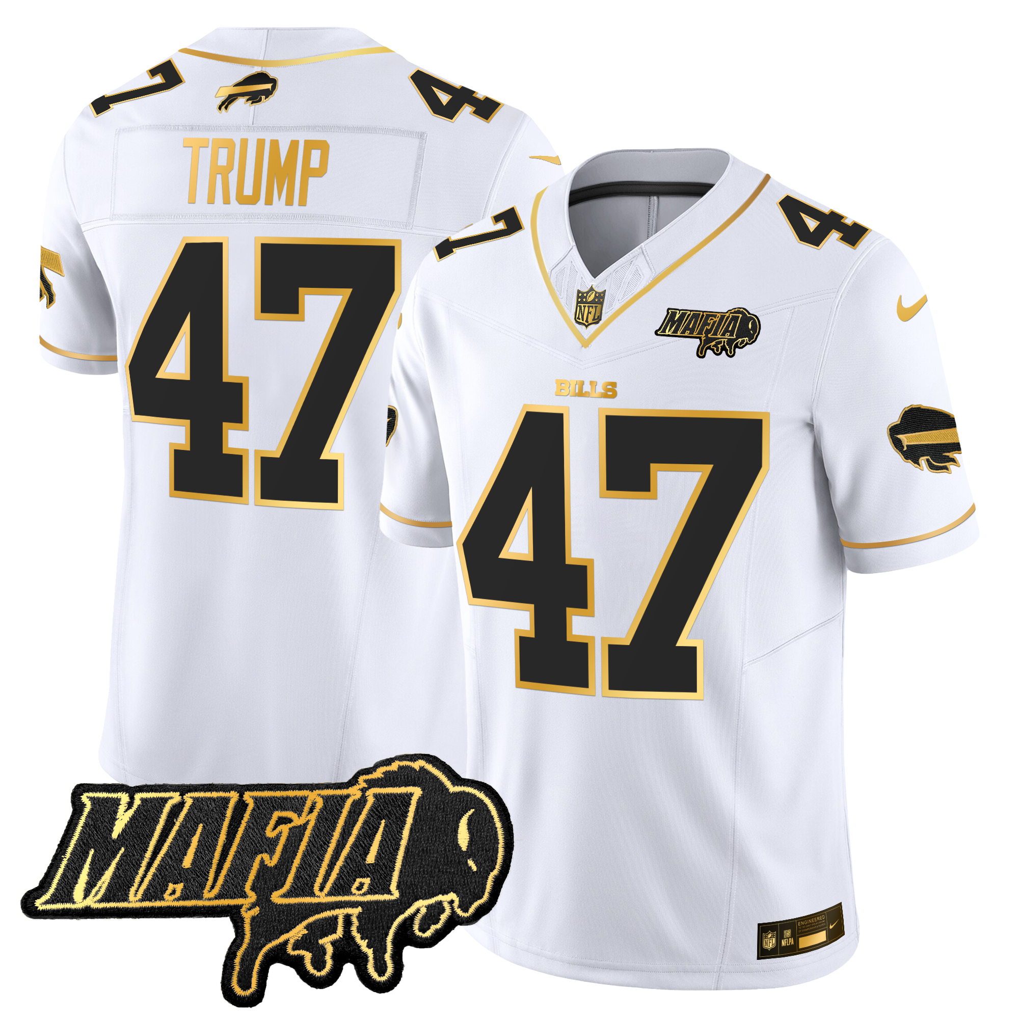 Donald Trump Men's Buffalo Bills 2024 Buffalo Bills Mafia Patch Gold Vapor Limited White Gold Jersey - All Stitched