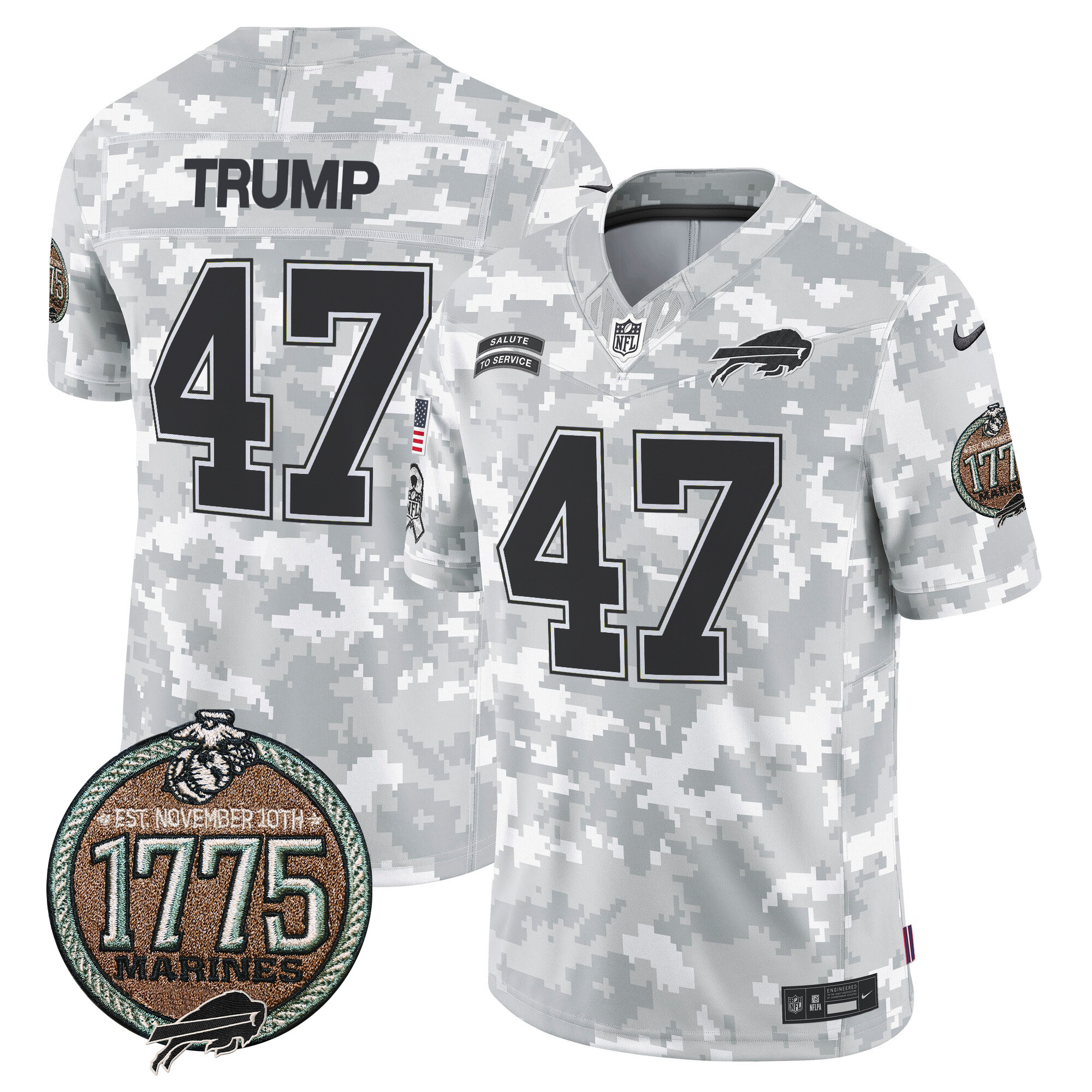 Donald Trump Men's Buffalo Bills 2024 Salute to Service Establishment Year Patch Vapor Limited Marines Jersey - All Stitched