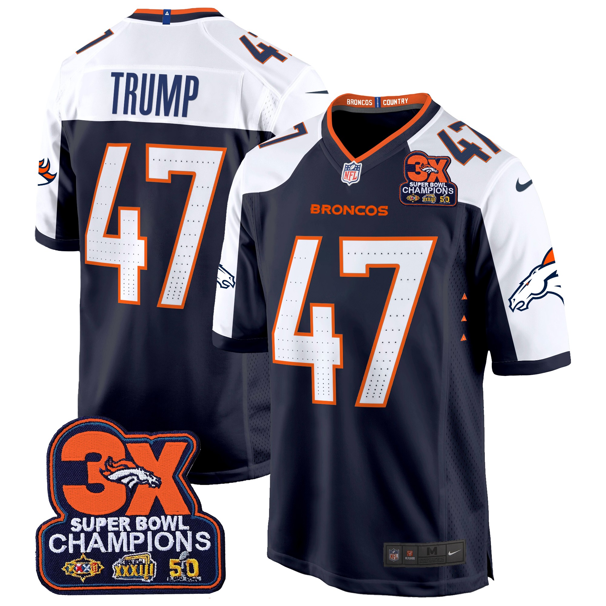 Donald Trump Men's Denver Broncos 3-Time Champions Patch Game Jersey - Al Stitched Navy Alternate Jersey - All Stitched
